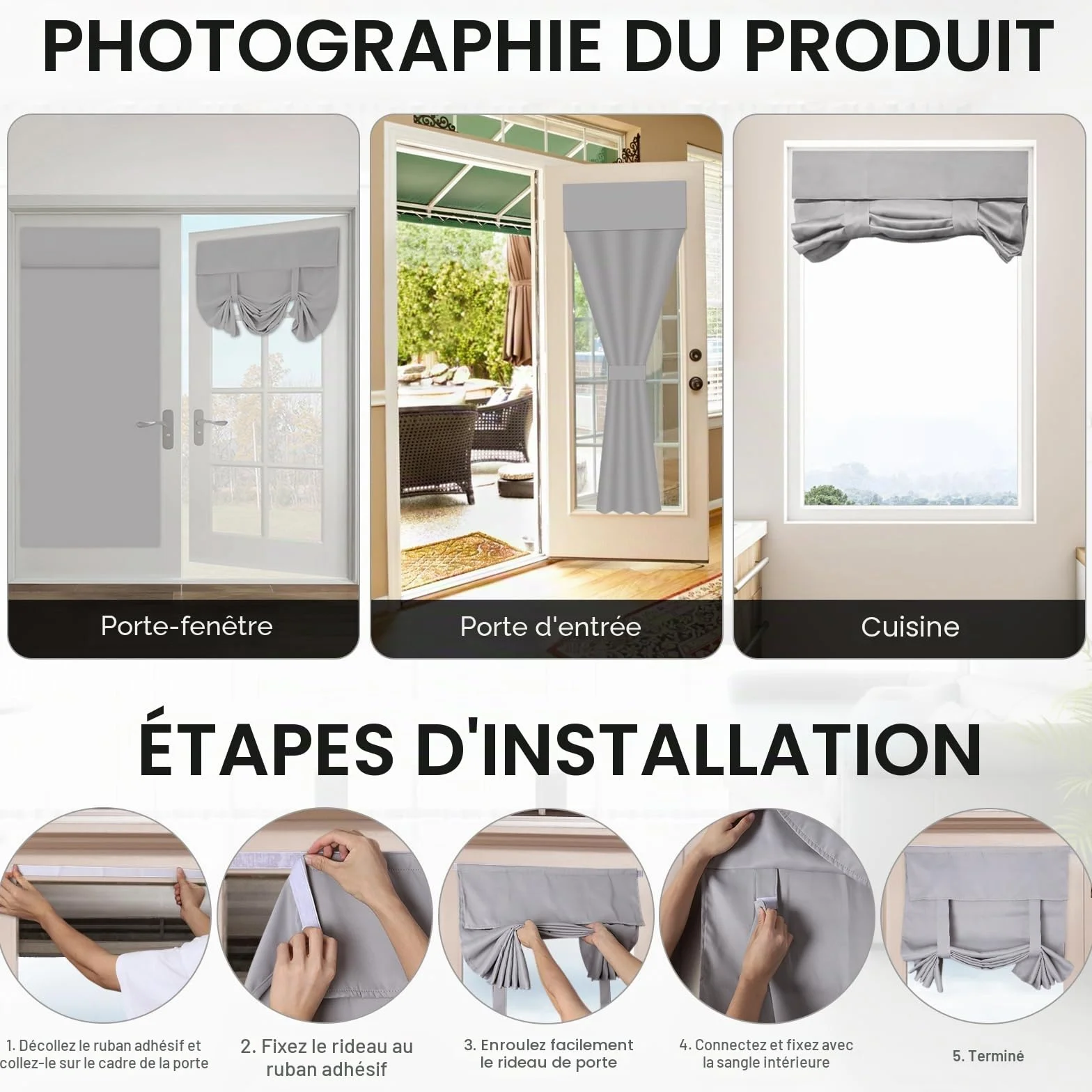 Rideaux occultants de porte, store de porte française adhésif, rideau thermique occultant pour contrôle de la lumière et intimité