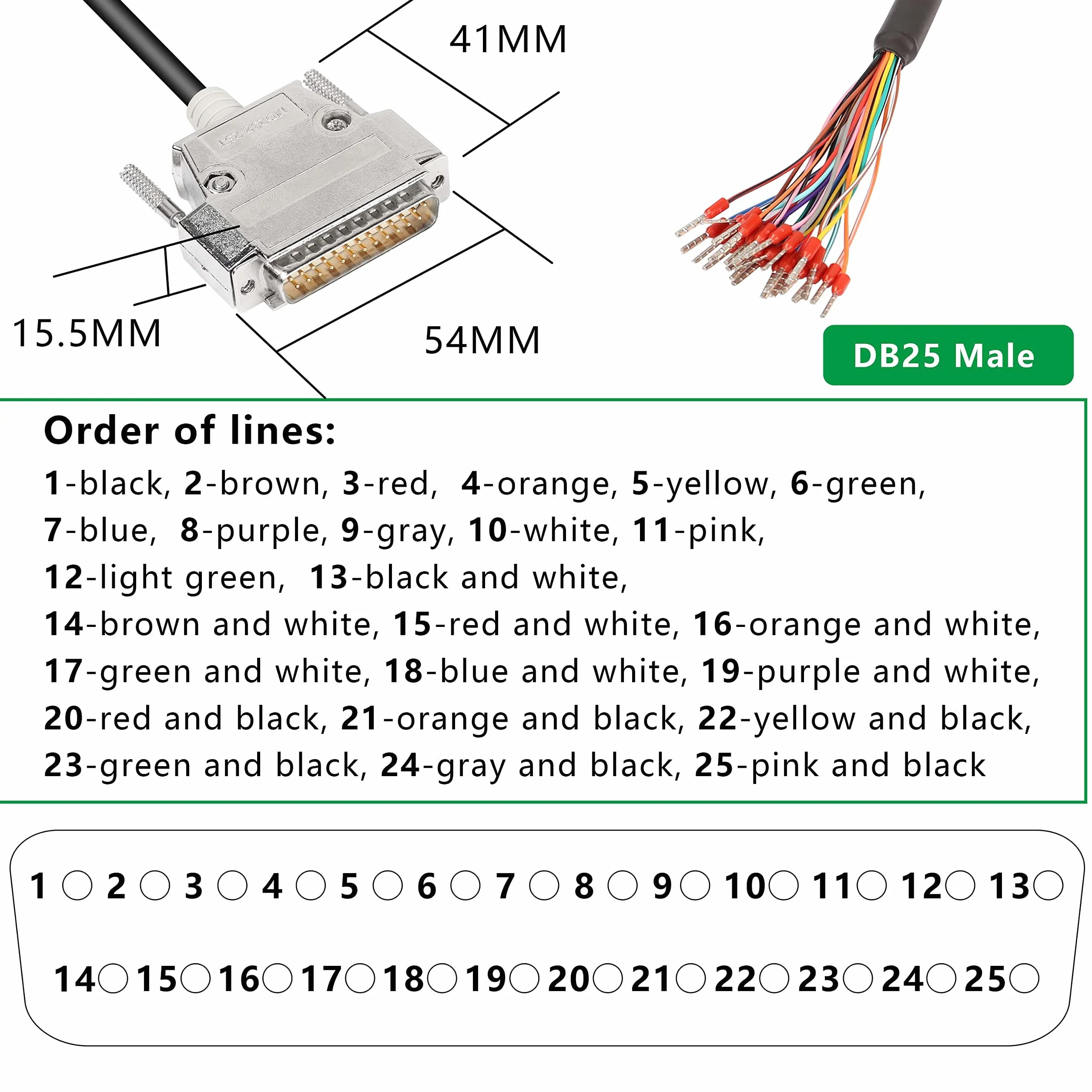 XMSJSIY DB25 adapter złącza RS232 25-pinowy kabel przedłużający szeregowy bezlutowy 25-pinowy kabel zastępczy z gołym przewodem - 1M (DB25 męski)
