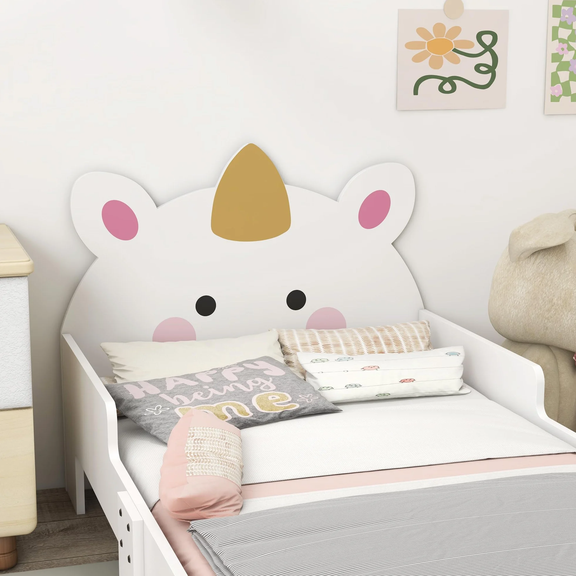 ZONEKIZ Lit Enfant, Design Licorne, 3 à 6 Ans, sommier à Lattes Inclus, 143 x 74 x 67 cm, lit pour Enfant, barrières latérales, Charge Max. 80 kg, Rose