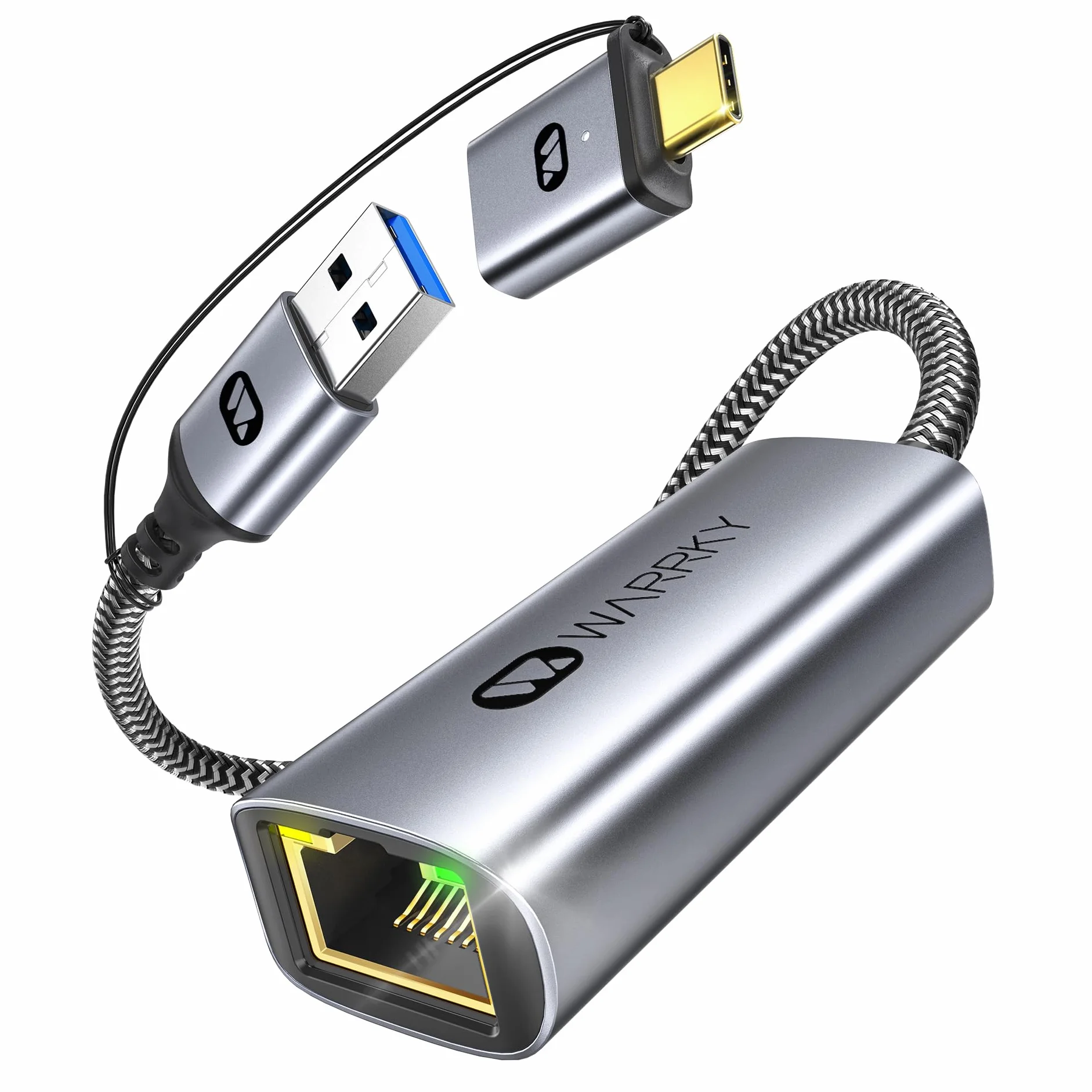 WARRKY Adaptateur USB Ethernet 1Gbps 2-en-1 USB 3.0 USB-C vers RJ45 LAN