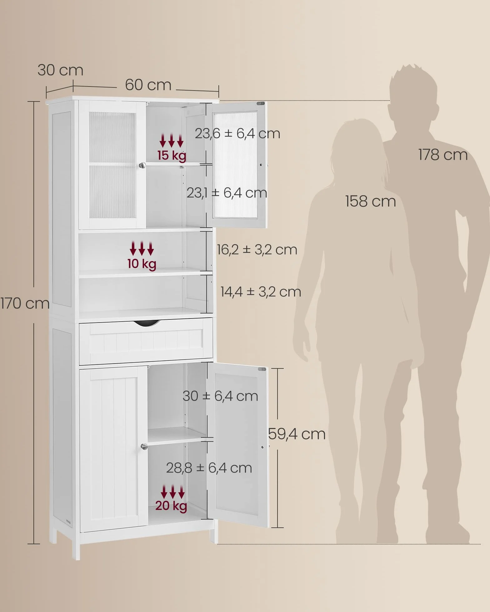 VASAGLE Meuble de Rangement, Armoire de Salle de Bain, avec Étagères Réglables, Tiroir, Compartiments Ouverts, pour Salle de Bain, Salon, Salle à Manger, Blanc Nuage BBC768W01