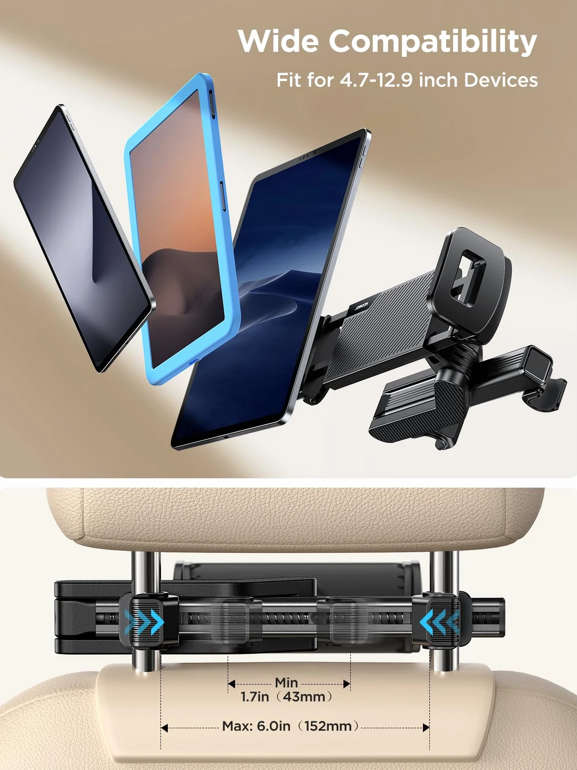 joyroom Samochodowy uchwyt na tablet do zagłówka, iPada ze składanym ramieniem przedłużającym, uchwyt na tablet, zagłówek samochodowy do iPada/Galaxy Tab/Fire/Switch i wszystkich urządzeń o przekątnej