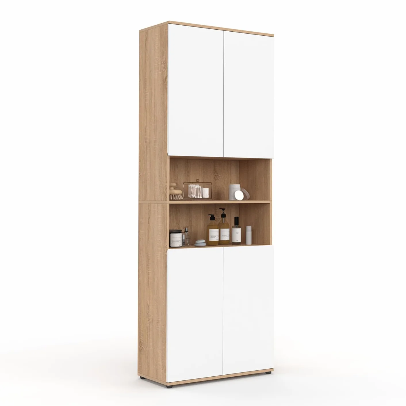 IDMarket - Meuble Armoire Colonne Salle de Bain TOMI 4 Portes 2 niches façon hêtre et Blanc