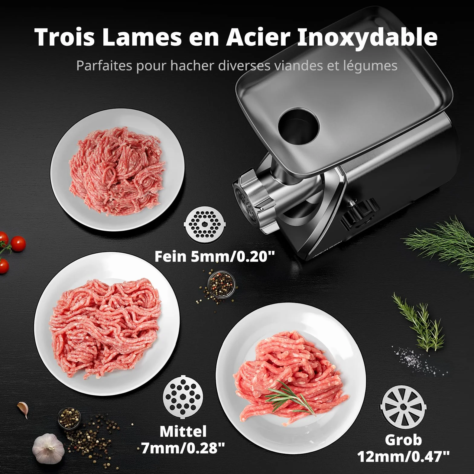 AIRMSEN Hachoir à Viande Électrique 3 en 1– Machine à Saucisses en Acier Inoxydable avec 3 Plaques, 2 Lames en Acier Inoxydable et Kit Kubbe – Rapide, Silencieux, Facile à Nettoyer pour Maison