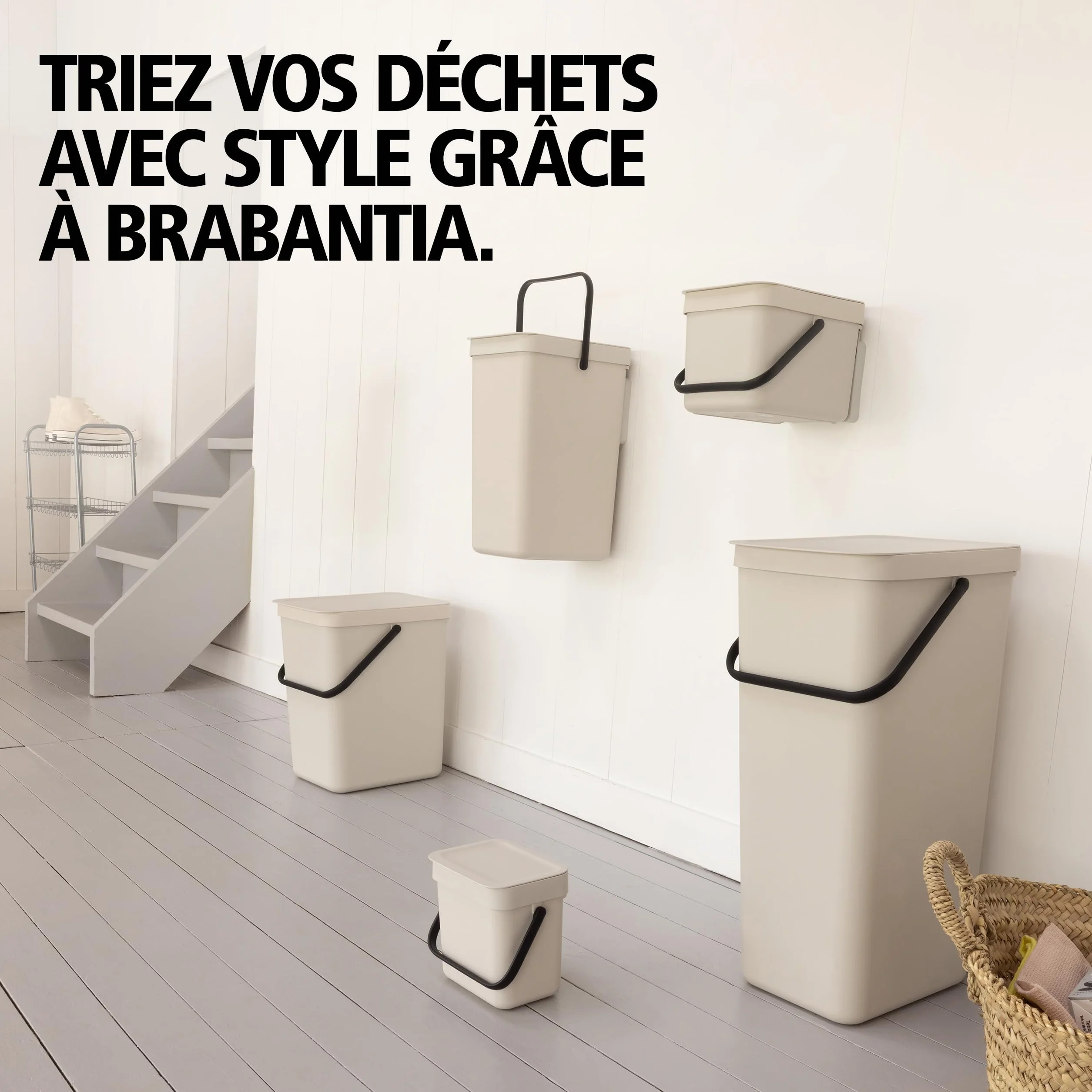 Brabantia Poubelle Sort & Go 3L Beige clair – Système de tri des déchets avec poignée de transport