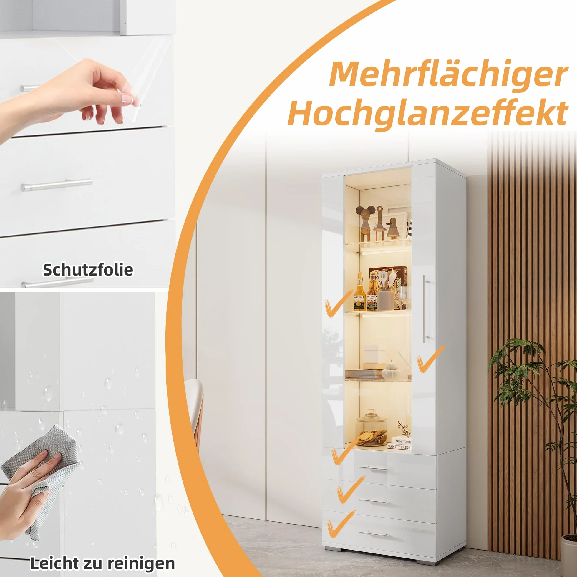 Merax Vitrine en verre avec éclairage LED blanc brillant avec portes et 3 tiroirs, armoire haute de 180 cm, armoire de cuisine, armoire polyvalente pour salon, chambre à coucher, bureau