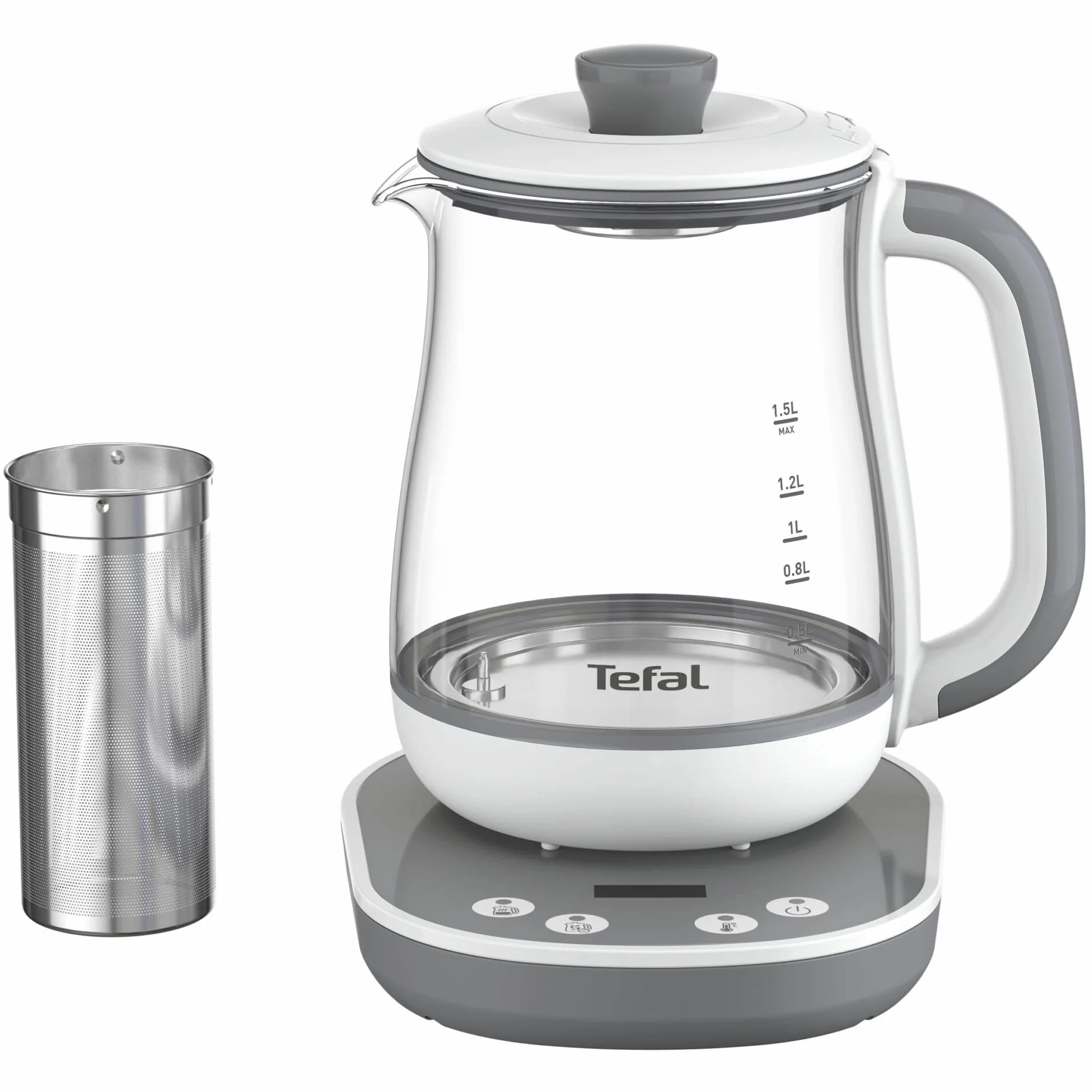 Tefal BJ551B10 Tastea machine à thé, 8 réglages de température, Capacité de 1,5 L, Panier à thé amovible en acier inoxydable, Maintien au chaud, Corps en verre résistant, Gris/Blanc