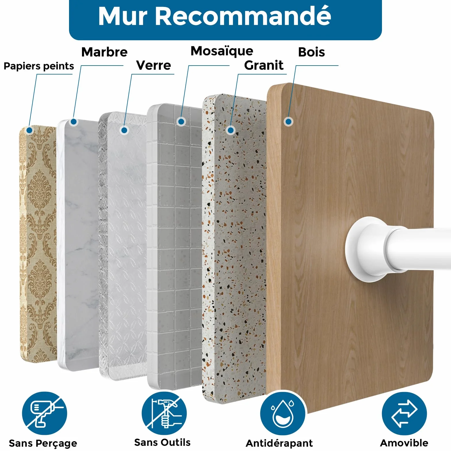 AIZESI Barre Rideau Sans Percage Extensible 60-120 cm Blanc Diamètre 18 mm