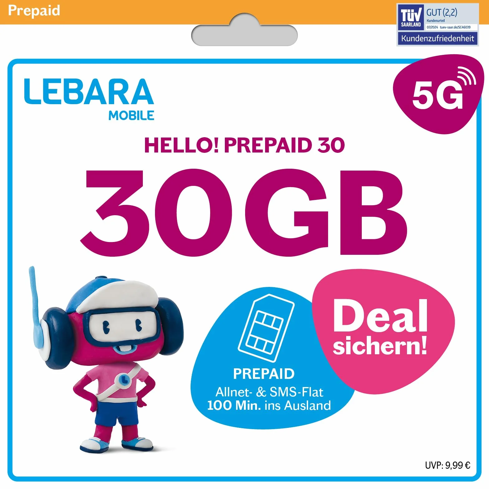 Lebara Prepaid karta SIM z Hello! 13 przedpłaconych taryf bez umowy | Allnet Flat Telefonia i SMS, 13 GB danych z 5G i 100 wolnych minut za granicą