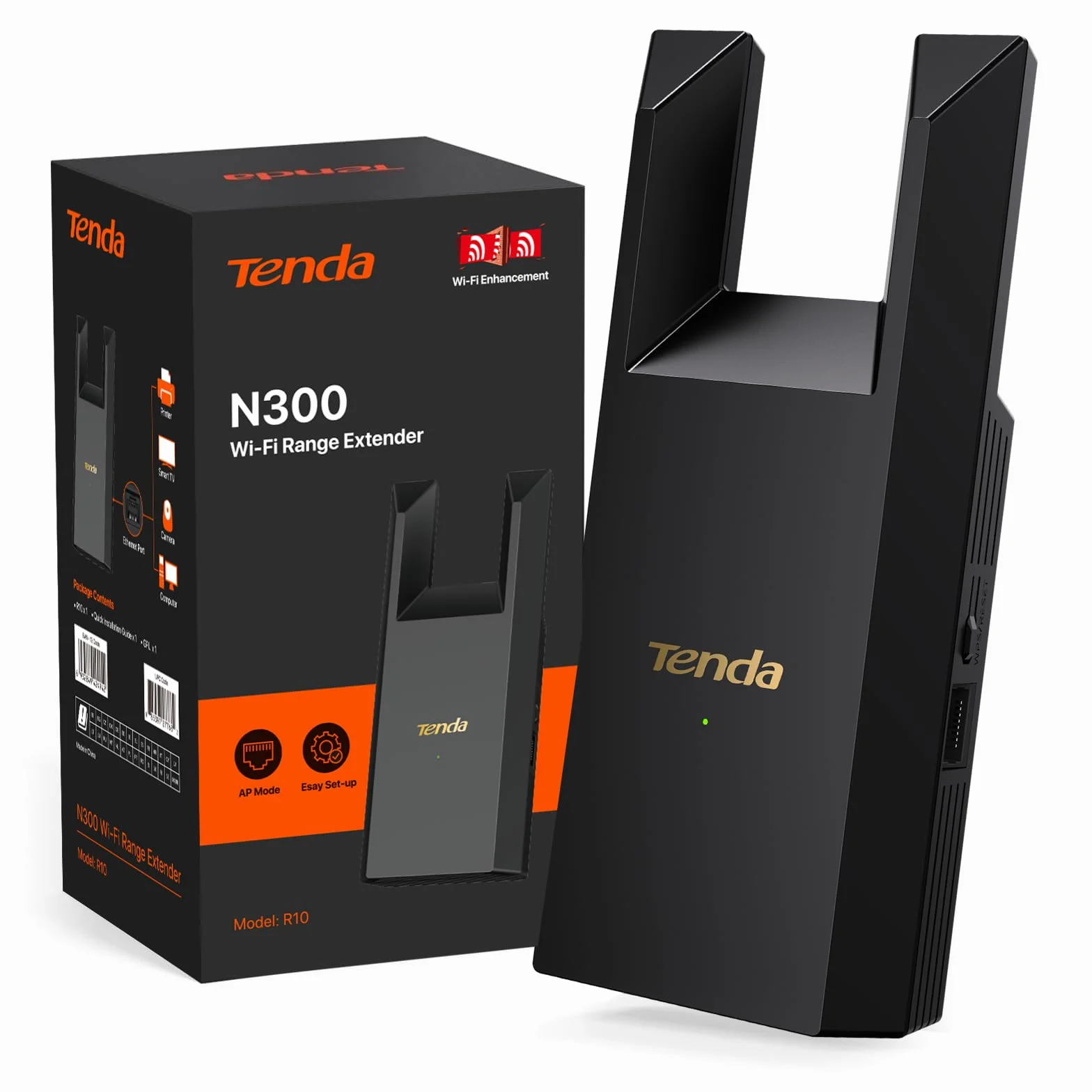Tenda Wzmacniacz Wi-Fi R10, 300 Mbps, wzmacniacz WiFi z portem RJ45 100 Mbps, anteny 2 × 3 dBi, WPS, sygnał LED, tryb punktu dostępu, kompatybilny ze wszystkimi routerami