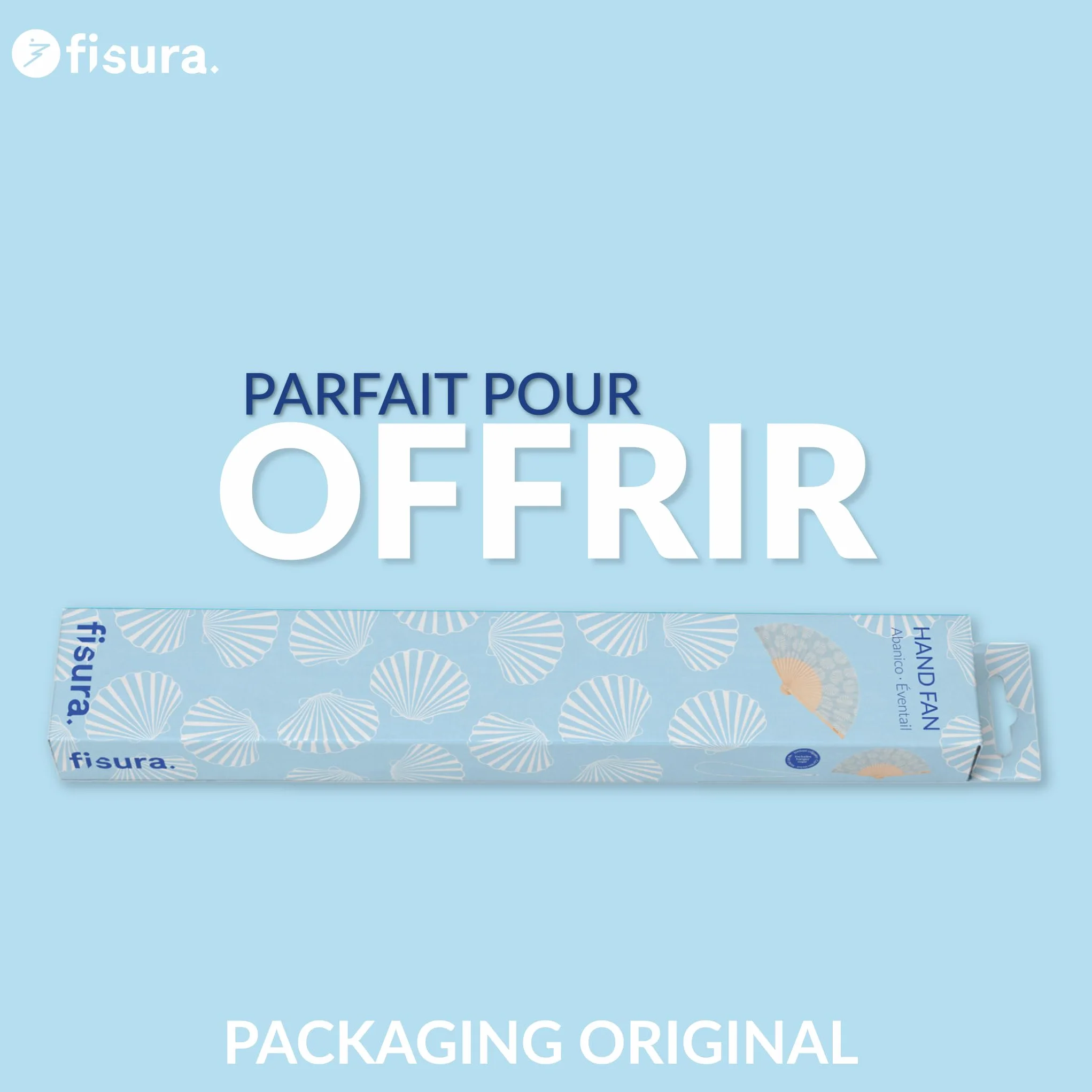 Fisura Éventail en Bois Motif Coquillages 42,5 x 23 cm Bleu Moderne avec Dragonne