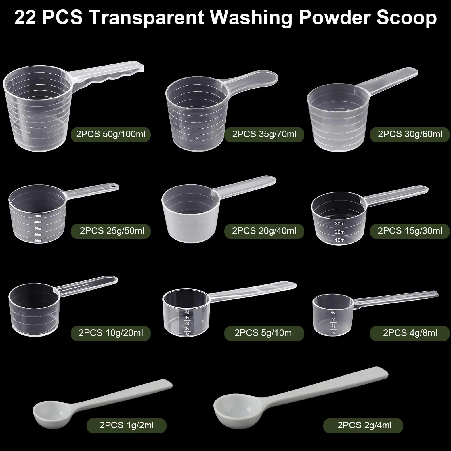 HavaCue 22 Pcs Cuillère Doseuse Transparente, Cuillère Doseuse Gramme 1-50g, Scoop Mesureur Poudre Protéine Café