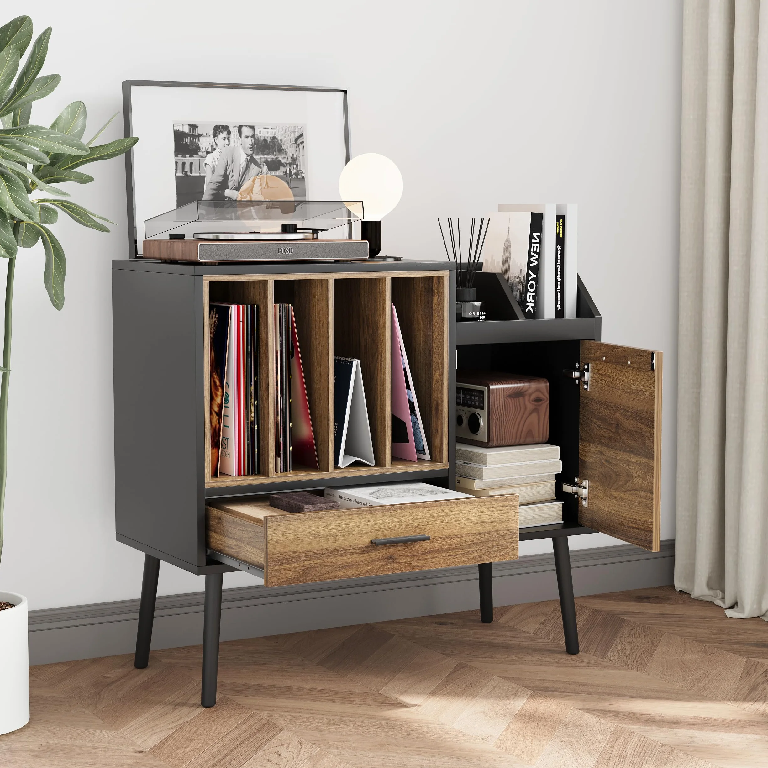 Semiocthome Support de Tourne-Disque avec Caisse en Vinyle, Table de Rangement avec tiroir et Pieds massifs, Plateau pour platines tournantes (Grande)