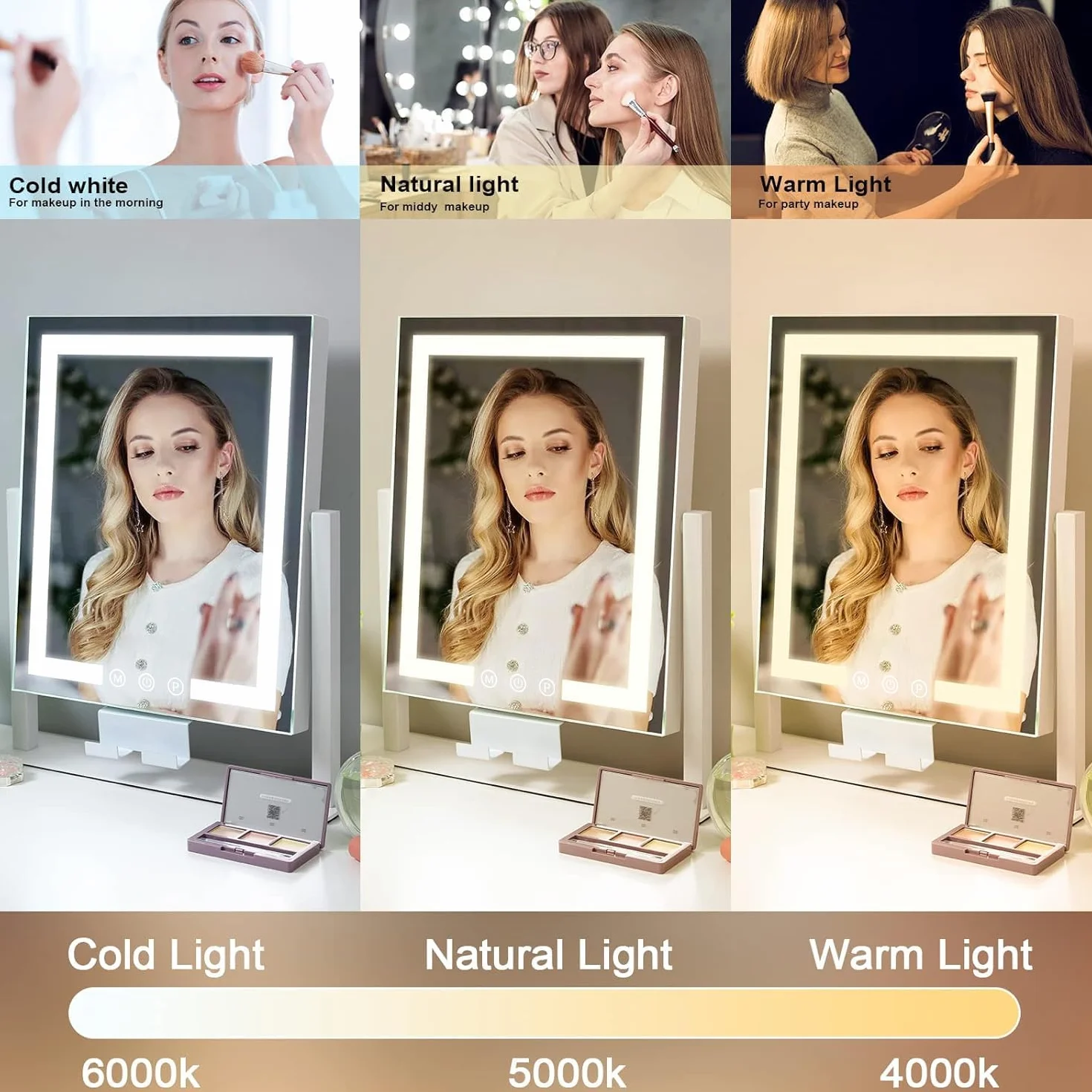Kottova Miroir de Maquillage avec lumières, Miroir de Table 30x36 cm, 3 Modes d’éclairage réglables par capteur Tactile, Miroir grossissant Amovible 15X (Petit miroi Rond), Cadre en métal – Blanc