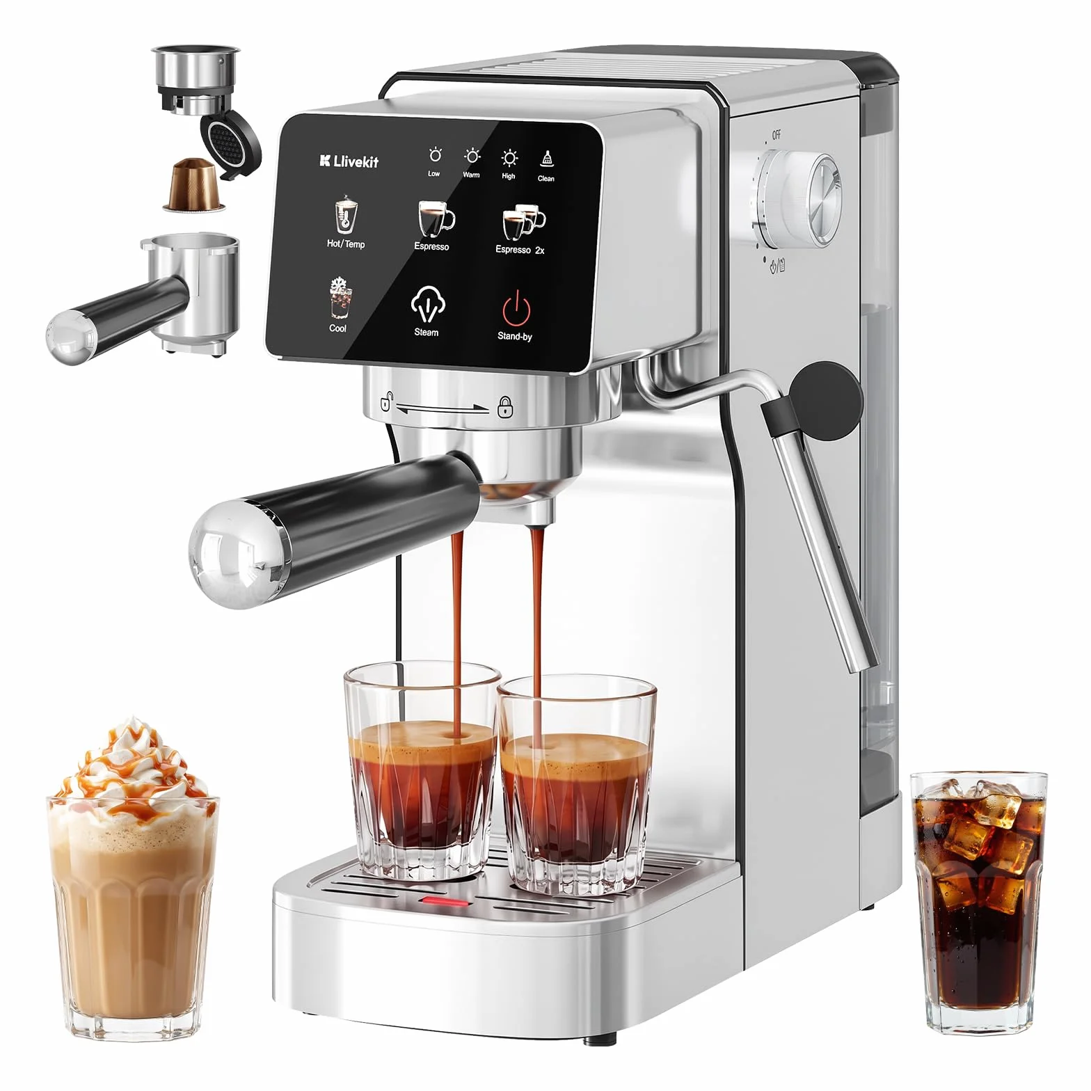LLIVEKIT Machine à Café Expresso 20 Bars, Mousseur à Lait Intégré, Extraction Chaude & Froide, Double Mode Capsules/Poudre, Réservoir 1,2L, Écran Tactile LED, Acier Inox