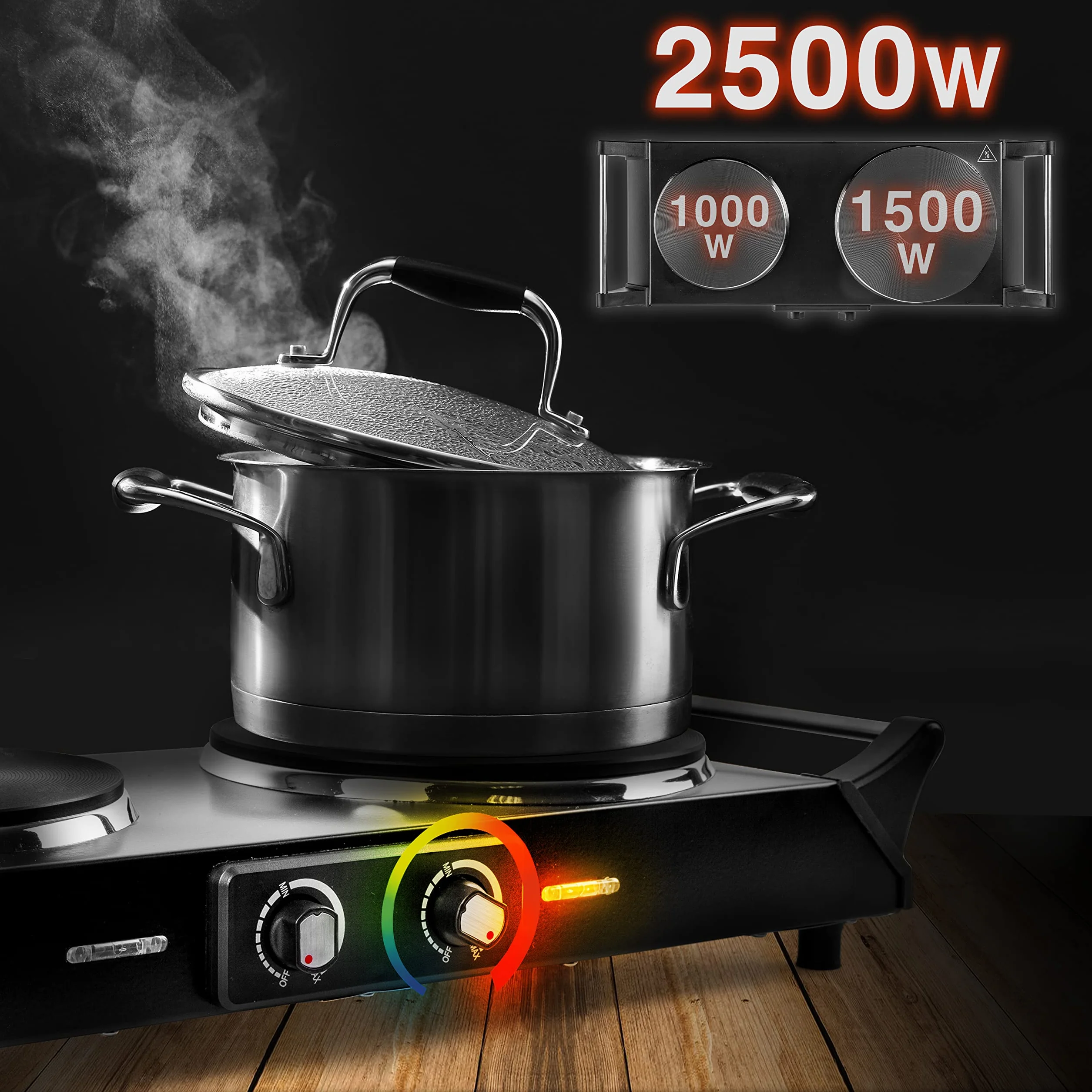 Duronic HP2 BK Plaque de cuisson chauffante électrique 1500W | Double Foyer en fonte de 20 et 15 cm | Poignées ergonomiques | Thermostat réglable | Réchaud mobile alternatif à une table de cuisson