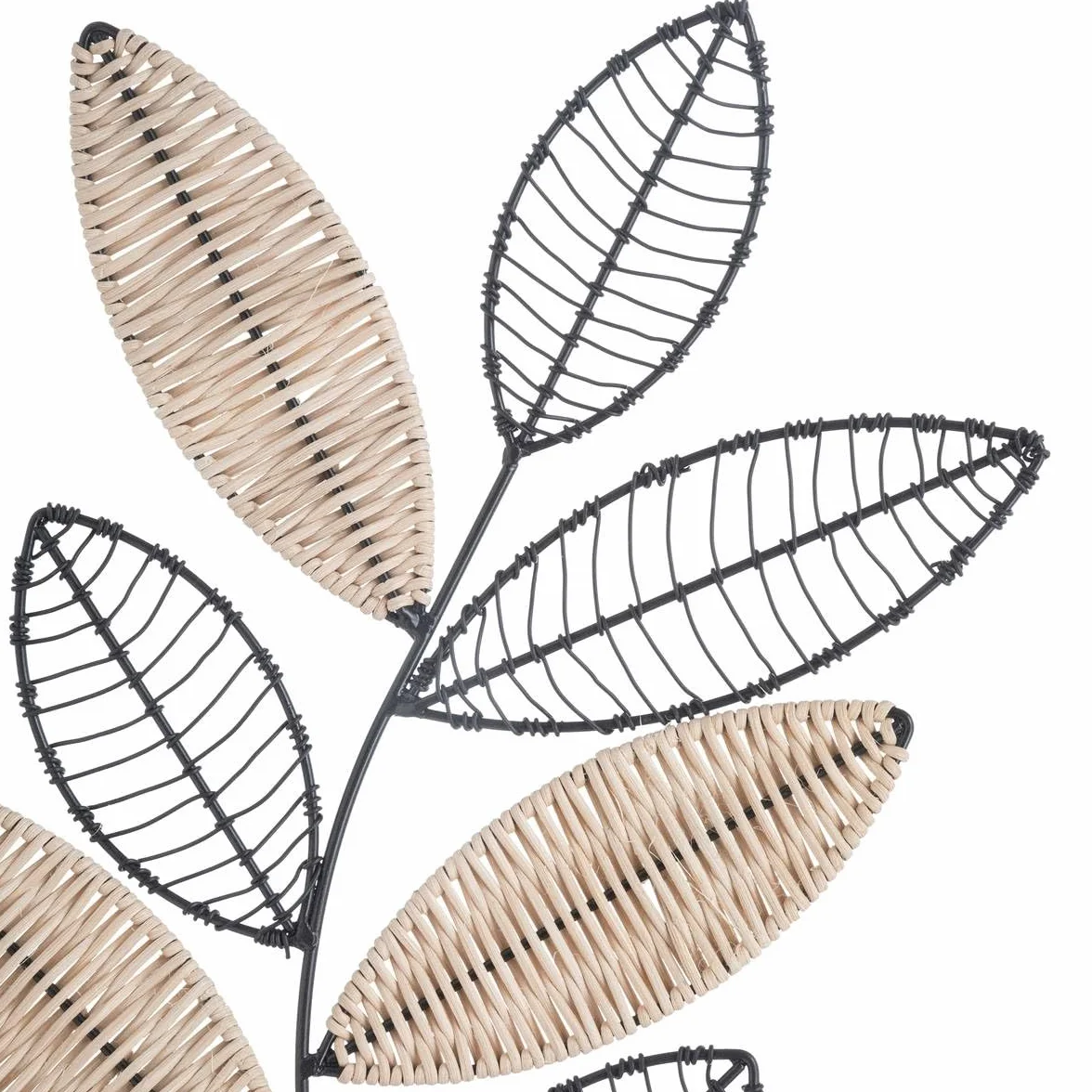 Atmosphera Décoration Murale Feuille Aurore Noir et Naturel 56 x 29 cm Métal Rotin Tressé