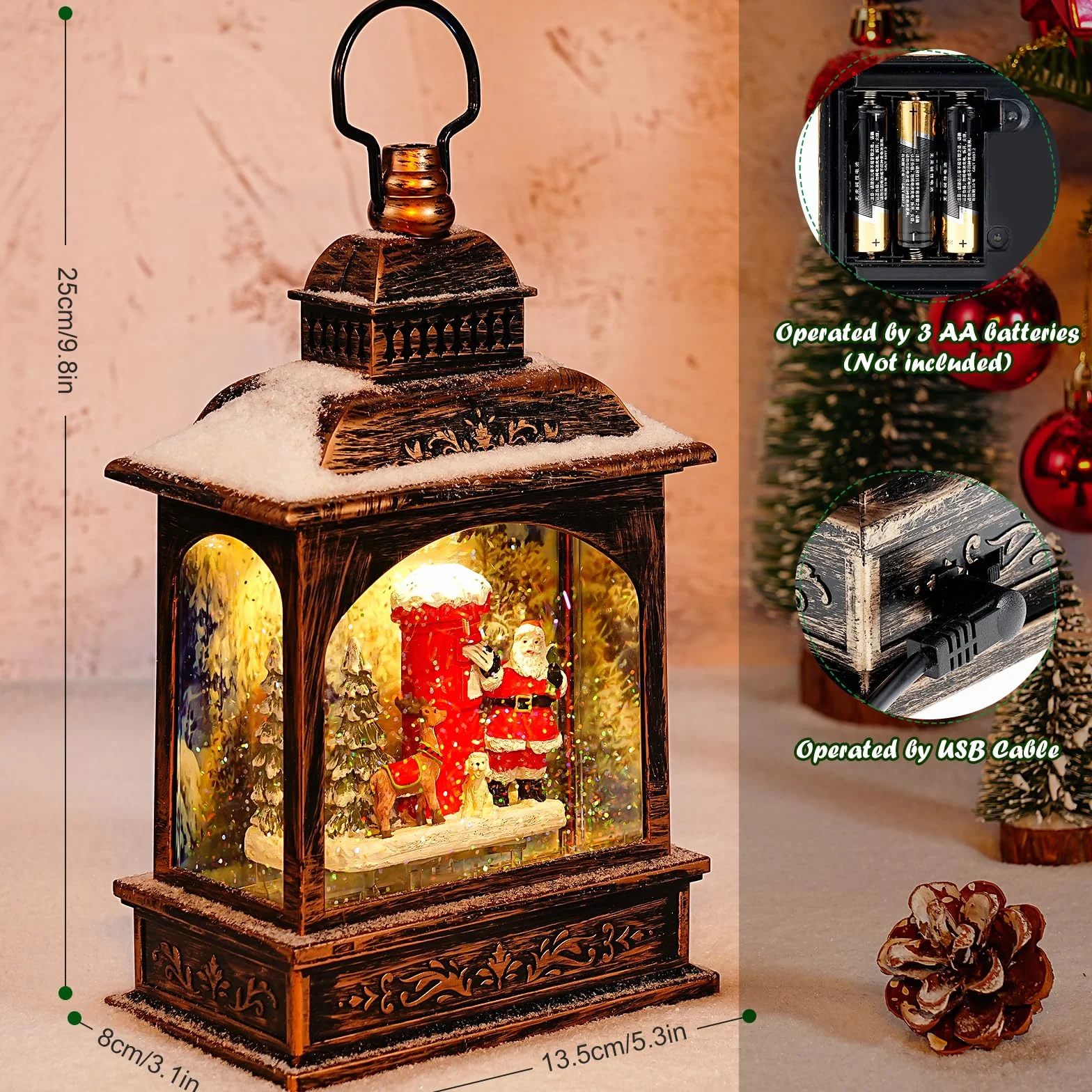 Lanterne Noel Lanterne Boule à Neige Musicale LED de Noël, Lampe de Noel Lumineux Père Noël et Flocon de Neige avec 8 Songs pour Décoration Noel Intérieure Prise USB ou Alimenté par Pile