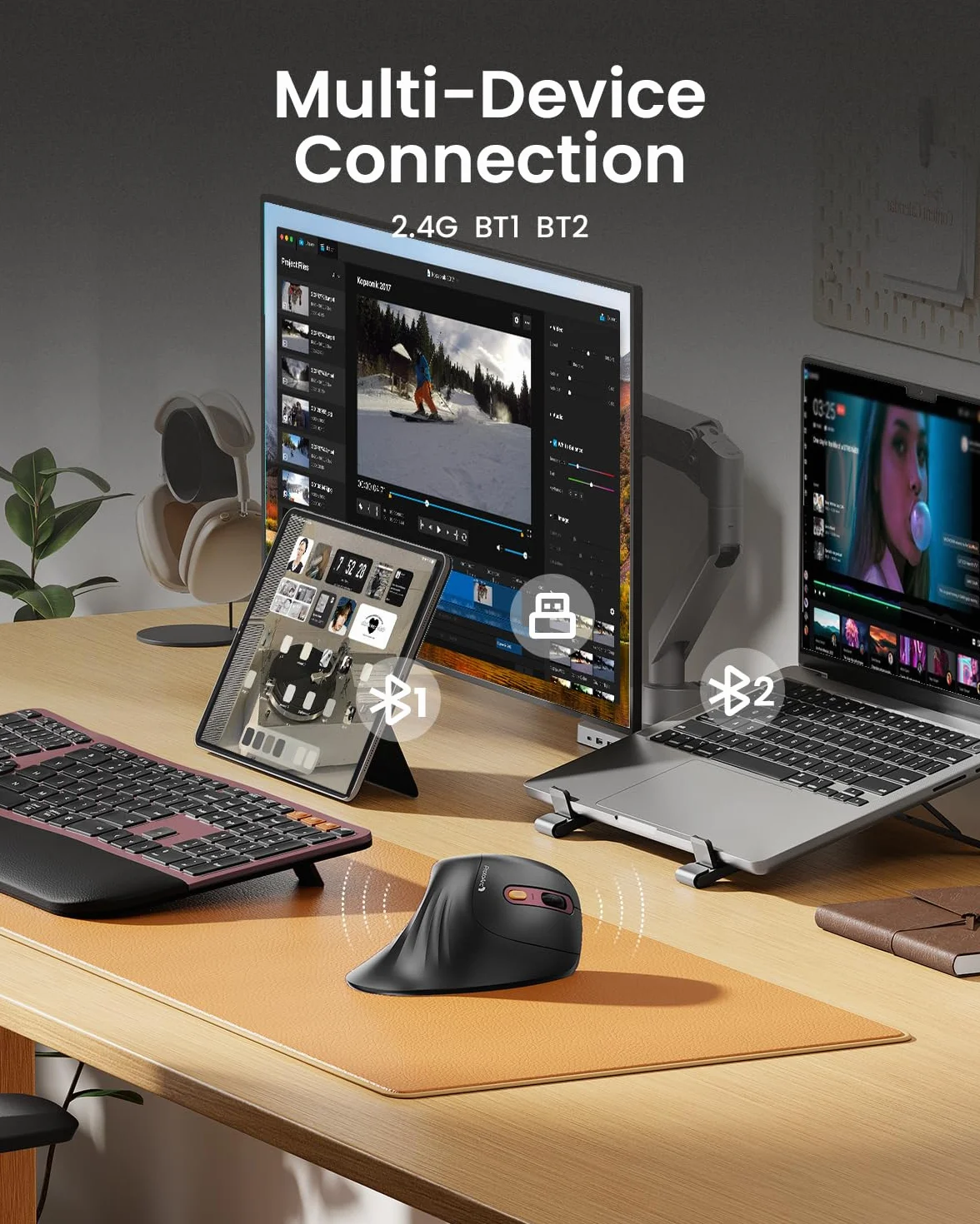 ProtoArc EM11 NL Ergonomiczna mysz pionowa, bezprzewodowa, ładowalna mysz z 3 urządzeniami (2 x Bluetooth + USB), pionowa mysz bezprzewodowa do komputera, iPada, Maca, Windows, czarno-czerwona