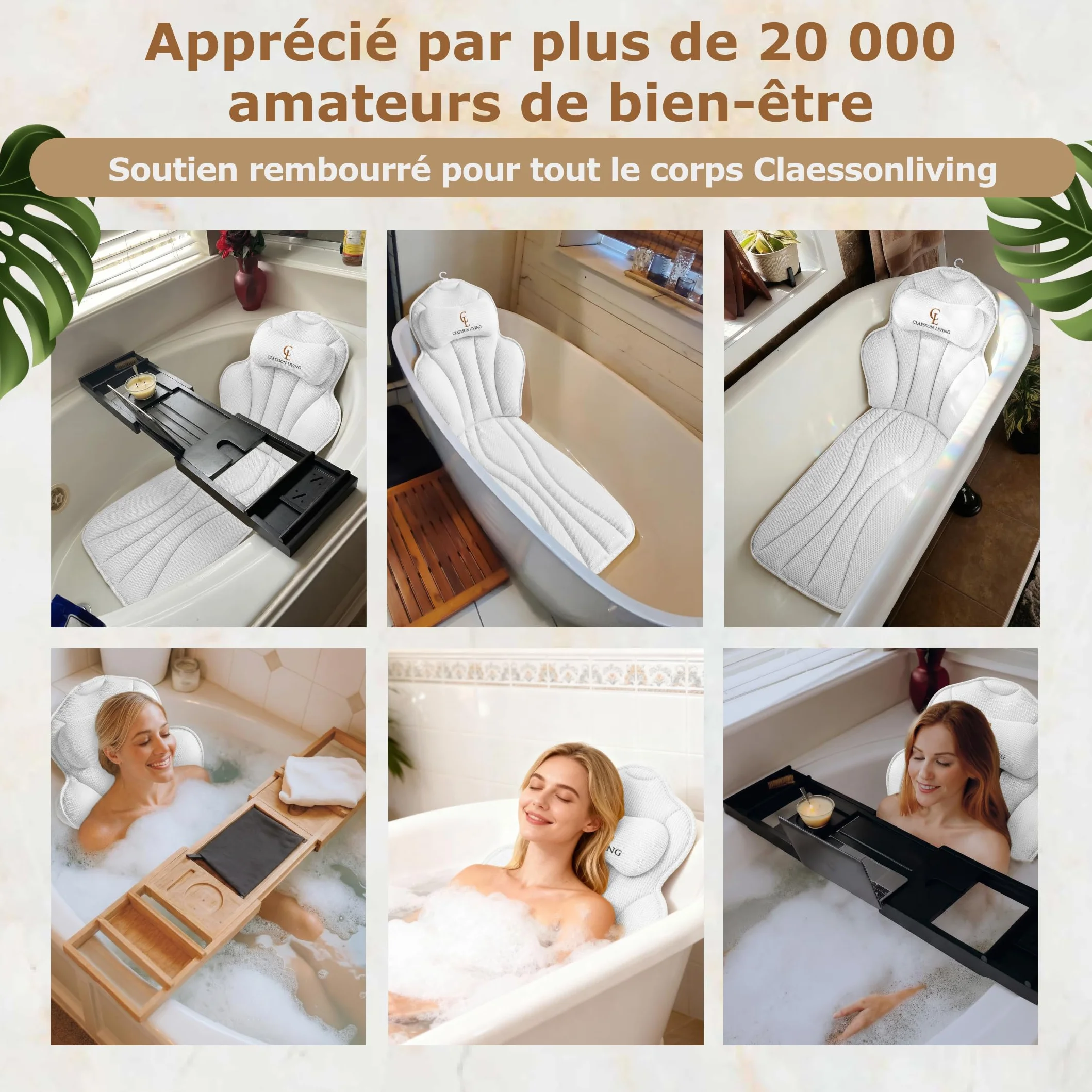 Coussin Baignoire Corps Complet Claessonliving (152x56cm) - Matelas de Bain avec appuie-tête (11cm) & Supports Corps - Coussin Baignoire Adulte - Oreiller Baignoire - Sacs de Lavage Inclus - Blanc