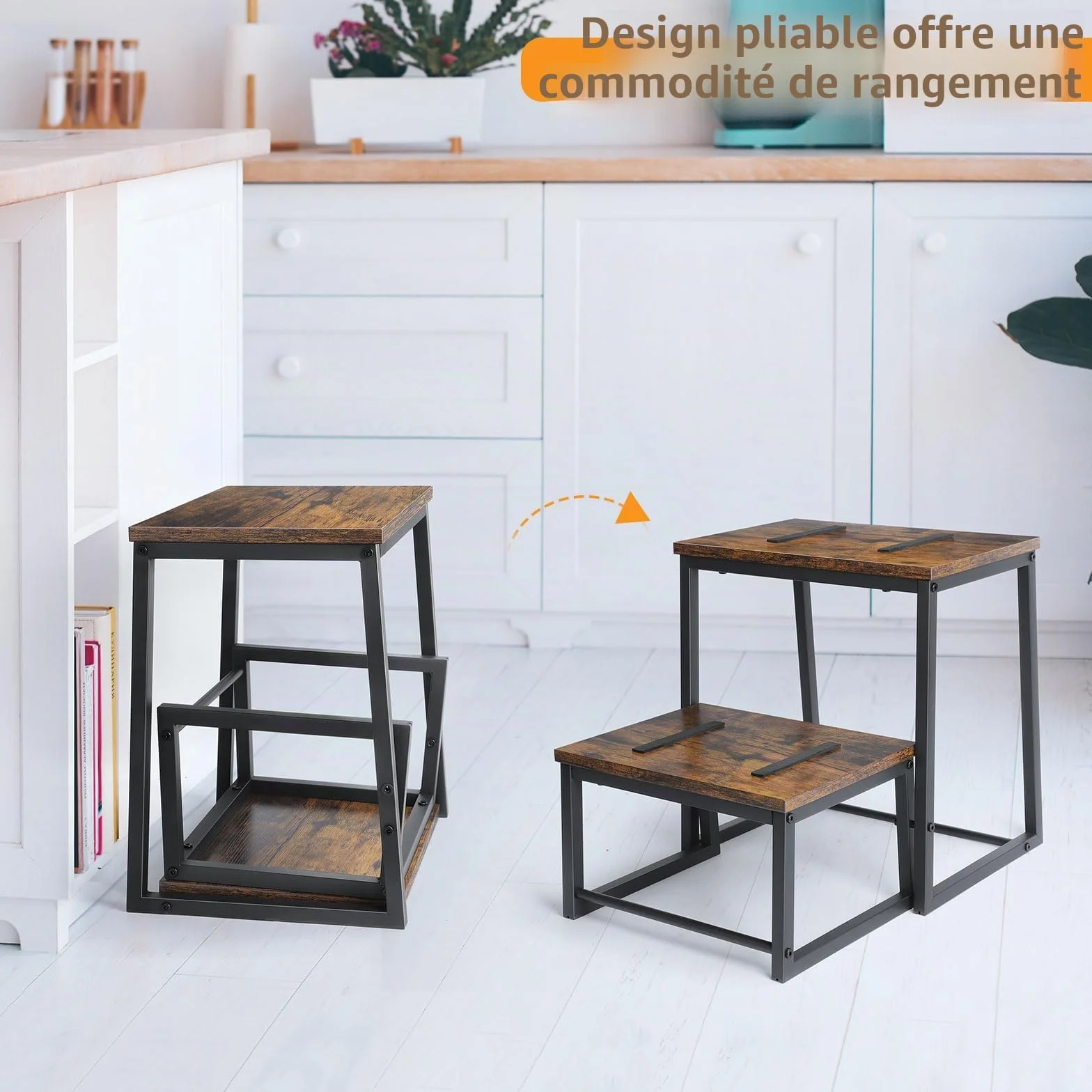LIANTRAL Marchepied à 2 Marches en Bois pour adultes et enfants, Cadre métallique, Conception 2 en 1 rétractable, marchepied de lit antidérapantes, Marchepied pour Cuisine, Salle de Bain,Balcon,Marron
