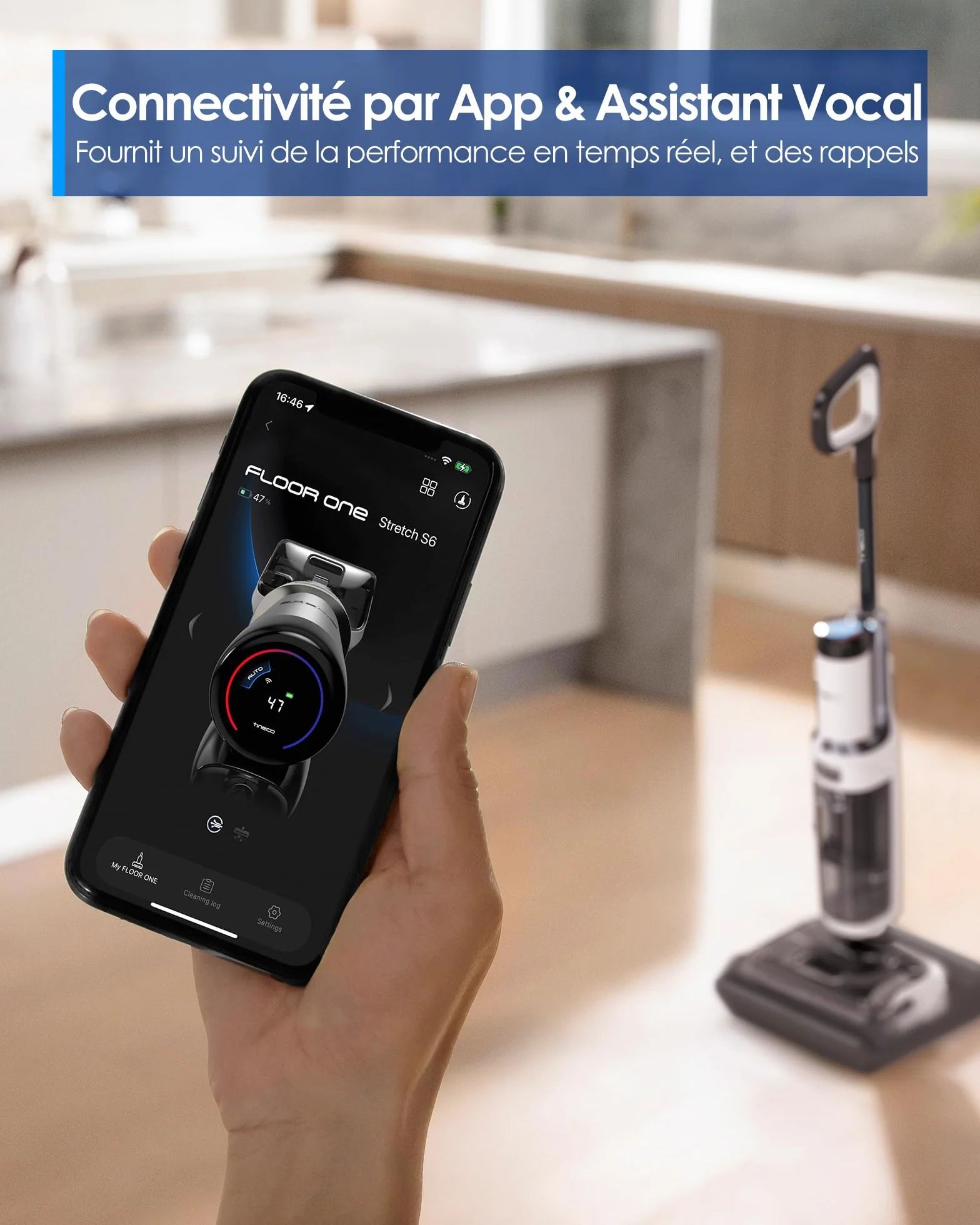 Tineco Floor One Stretch S6 Aspirateur Laveur, Sec et Humide Intelligent, 180° Plat, 70℃ Flashdry 5 Min, 40 Min Autonomie