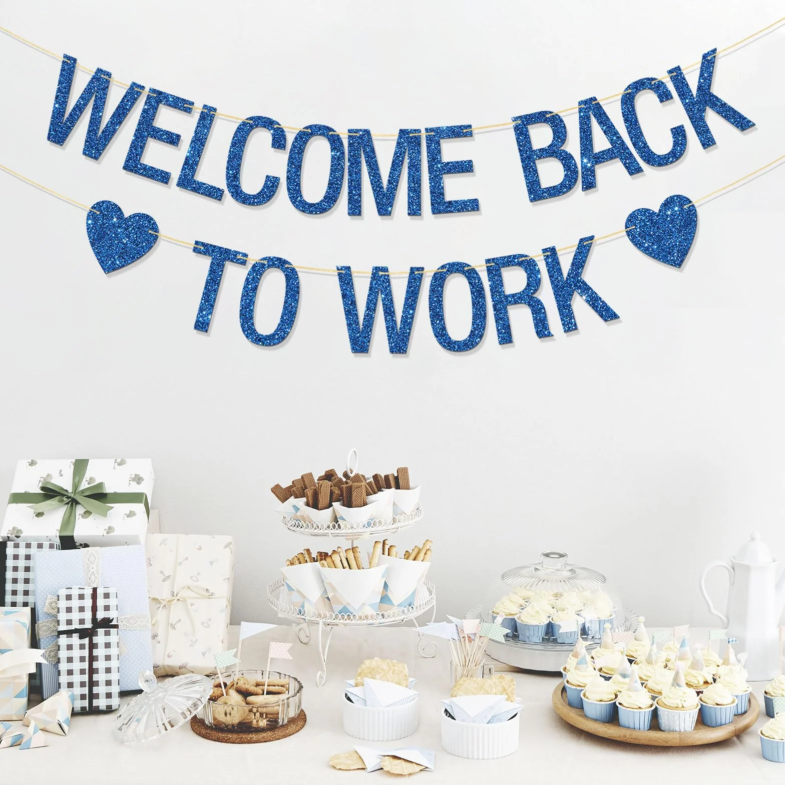 Bannière Welcome Back to Work – Décorations de fête de bureau – Retour au travail – Paillettes bleues