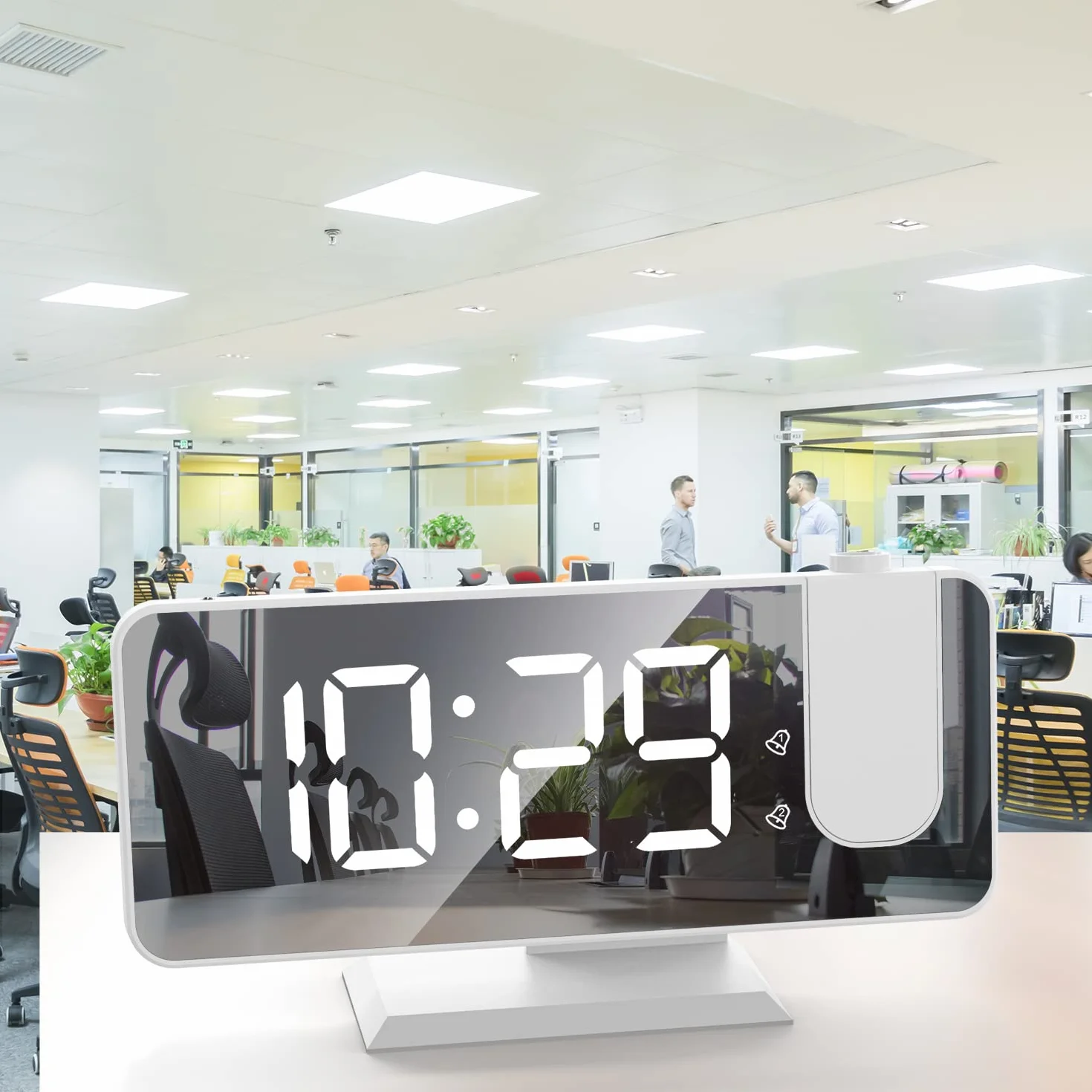 Réveil Projection Plafond Mur Alarme Double Snooze 12/24 H Charge USB Affichage LED Miroir 4 Niveaux Lumière Intensité Variable Blanc