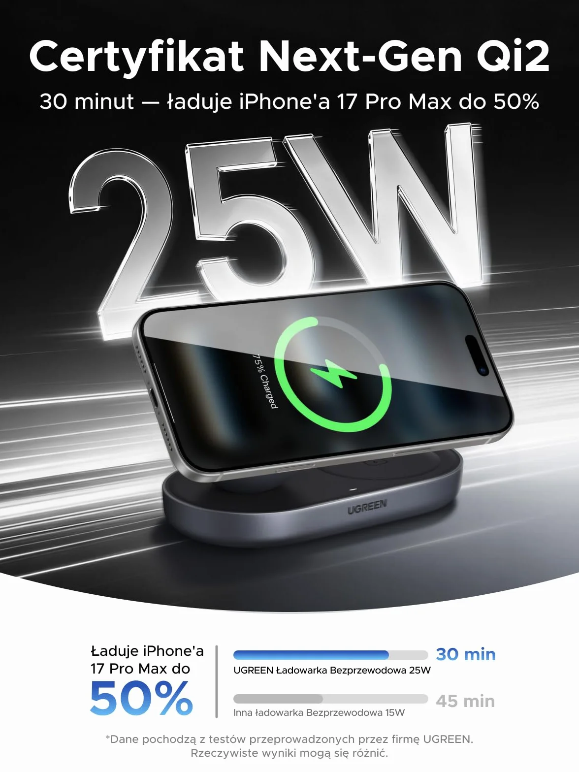 UGREEN Zapix Ładowarka Bezprzewodowa 2 w 1, Qi2 25W Certyfikowana Magnetyczna Stacja Ładowająca Kompatybilna z MagSafe dla iPhone'a 17/16/15/14/13/12 i AirPods, z kablem 1 m – Czarny