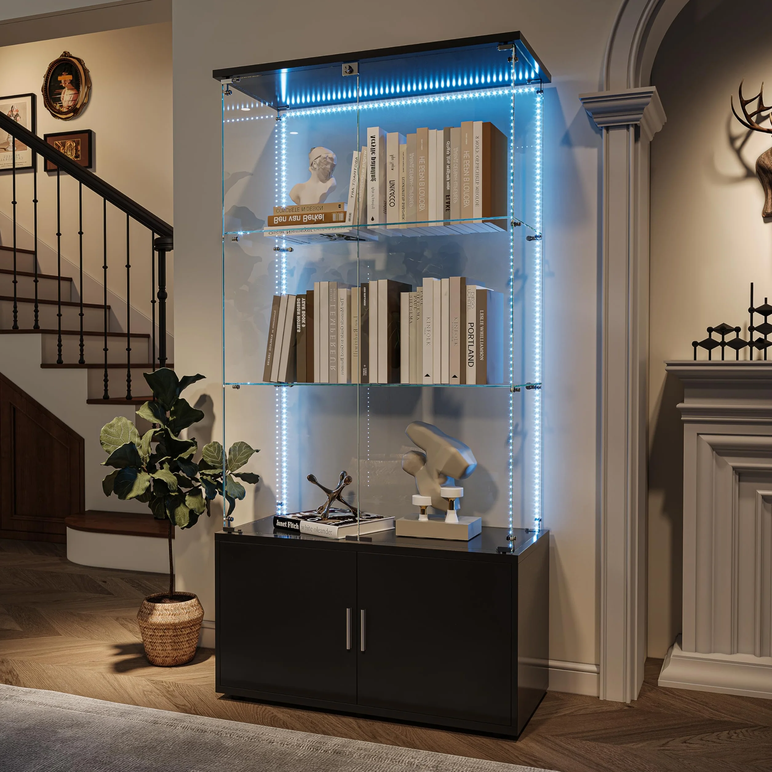Vitrine en Verre avec 3 étagères et LED, Vitrine en verre sur pied avec 2 Portes et Base de Casier, Meuble Vitrine Verre pour Collection, pour Salon, Chambre, 78.5x35x164 cm (Noir + Bande LED)