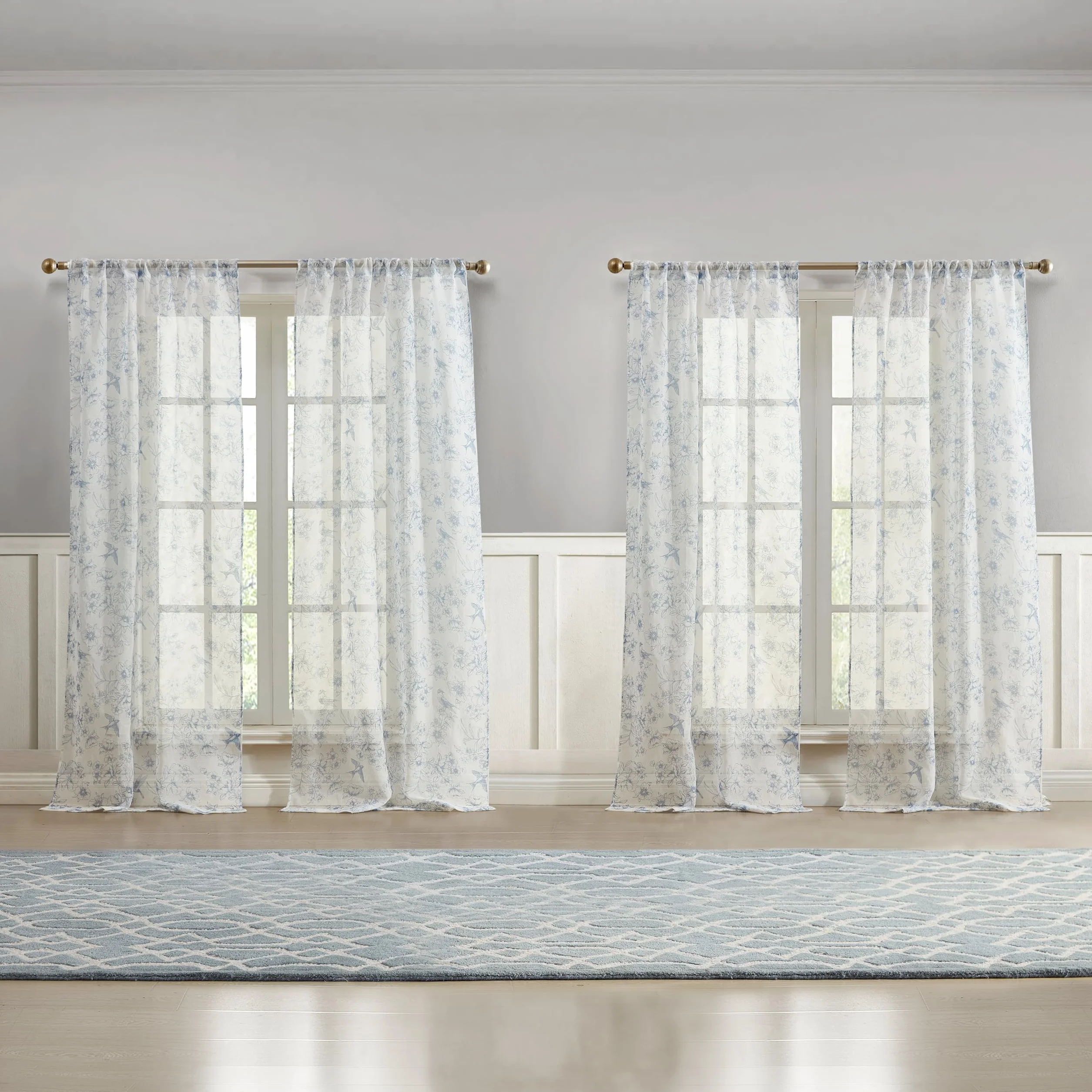 Laura Ashley Barnette Lot de 4 Rideaux Passe-Tringle 243,8 cm Semi-Transparent Bleu