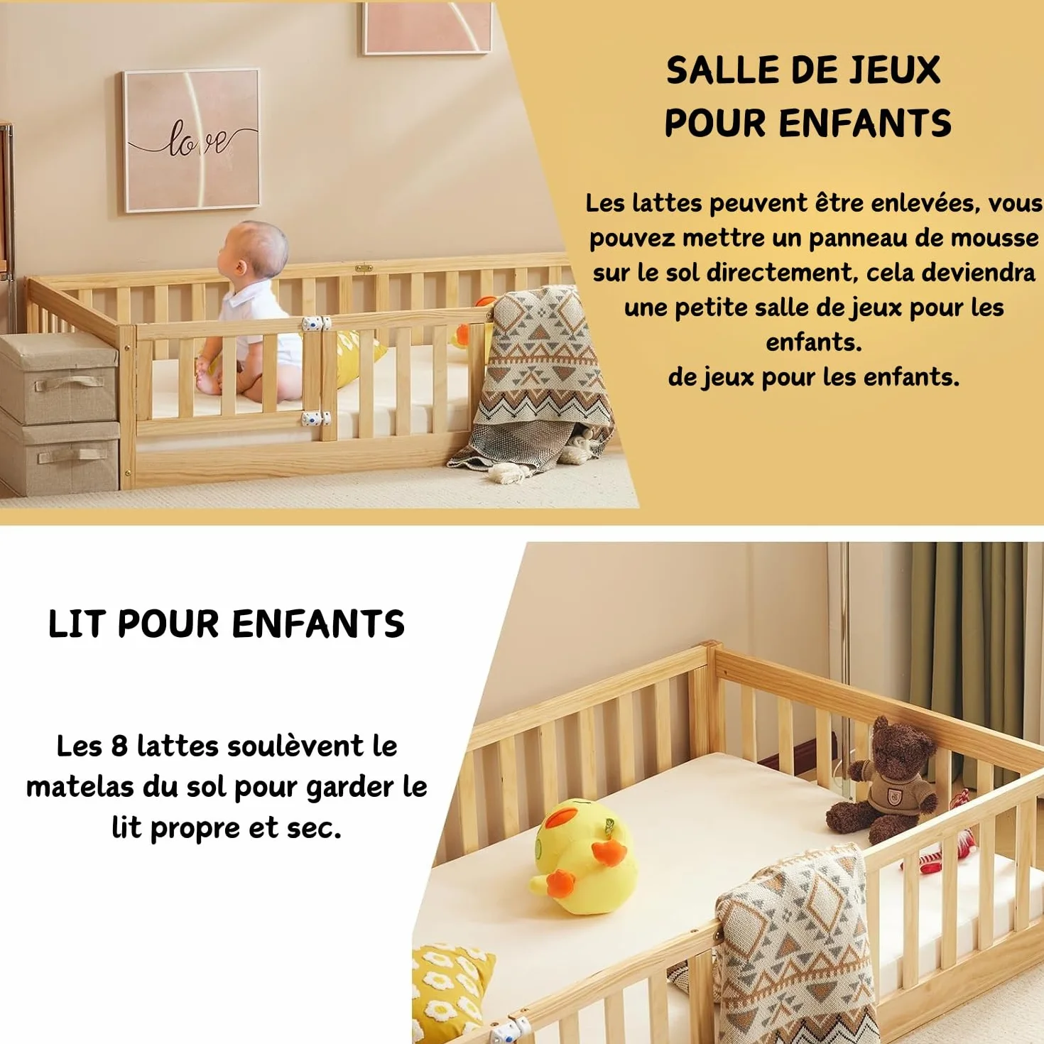 LEADZM Lit Montessori 140x200 cm - Bois Massif avec Porte et Barrière Sécurisée - 12 Lattes Renforcées, Garde-Corps Intégré - pour Enfants et Bébés (Couleur Naturelle)