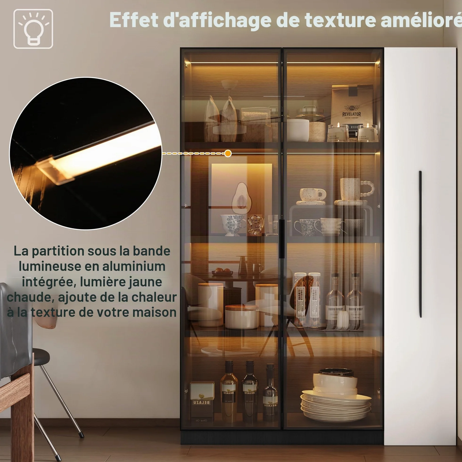 Merax Armoire multifonction 110,5 × 35 × 160 cm, vitrine avec LED, extension latérale, armoire à roulettes, bibliothèque, armoire de salle de bain, pour salon, bureau, salle à manger, noir et blanc