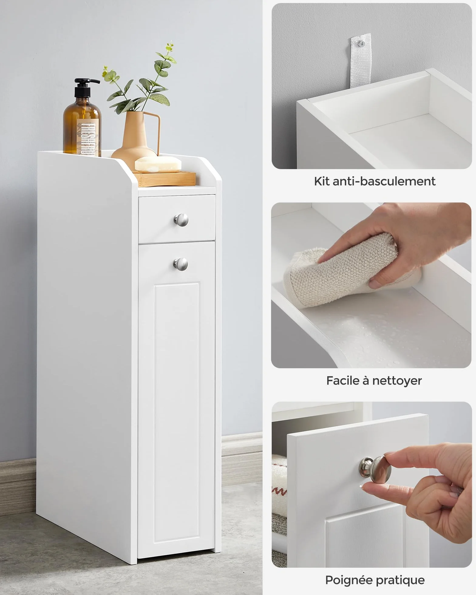 VASAGLE Petit Meuble de Salle de Bains, Placard Étroit, Petit Meuble de Rangement pour Papier Toilette, Armoire de Toilette avec Tiroir, Commode sur Pieds, pour Petits Espaces, Blanc BBC847P31