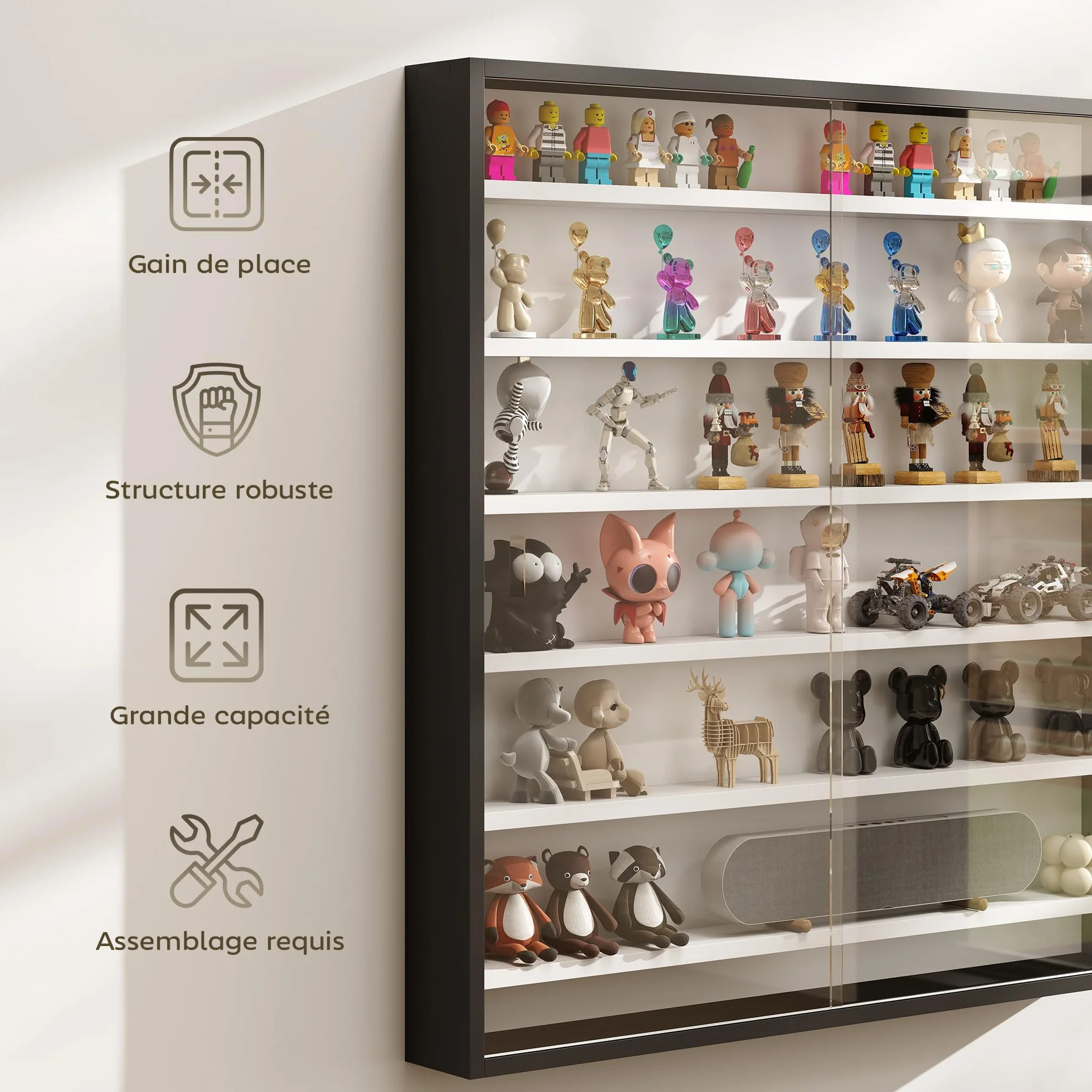 HOMCOM Vitrine pour Collection vitrine Murale 80 x 9,5 x 83 cm avec 6 étagères réglables en Hauteur et 2 Portes coulissantes en Verre, pour Collection de Figurines et Voitures Miniatures, Noir