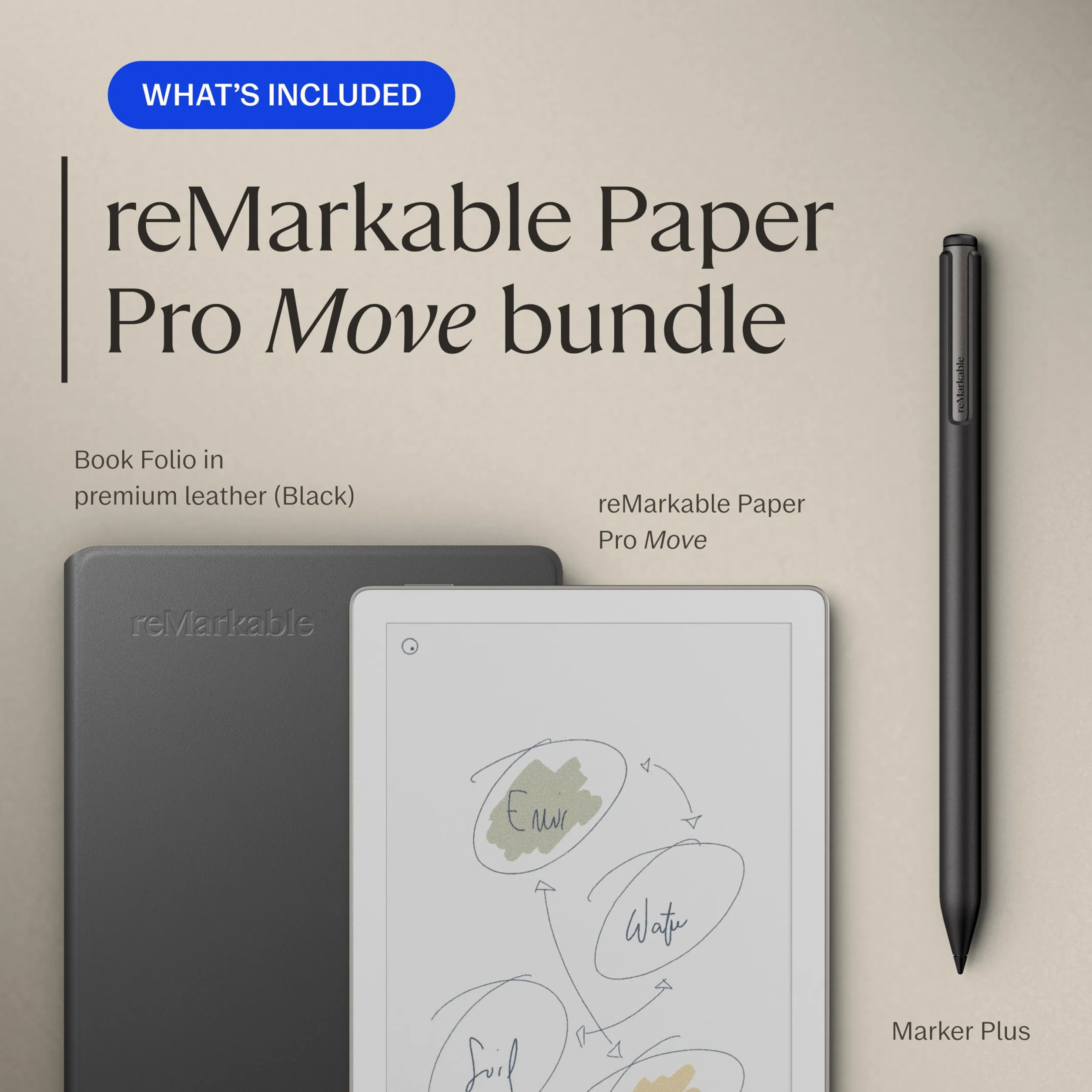 reMarkable Zestaw Luxury reMarkable Paper Pro Move | Tablet E-Ink - Wyświetlacz Kolorowy 7,3" + Rysik Marker Plus ze Zintegrowaną Gumką + Etui Book Folio Skórzane Czarne