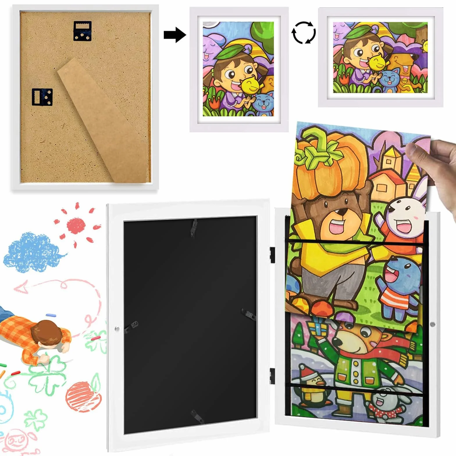 Cadre Dessin Enfant à Changer A4 D'art Photo Bois 20 Bourrage Papier Capacité 100 œuvres