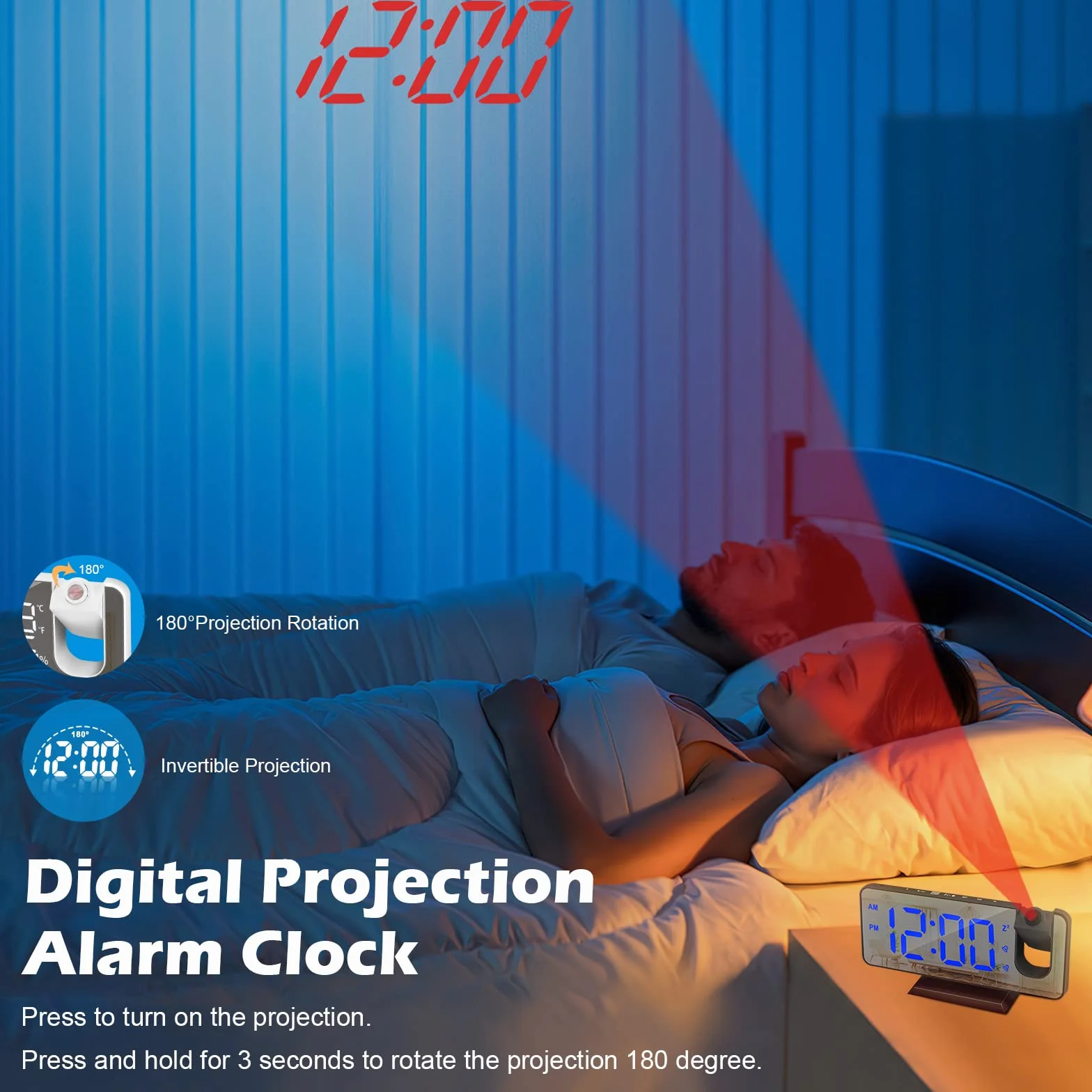 Xakay Réveil Projecteur 180° Plafond, Horloge Numérique LED Miroir 7.3 Pouces, Double Alarme, 12/24H, Snooze, 4 Niveaux Luminosité