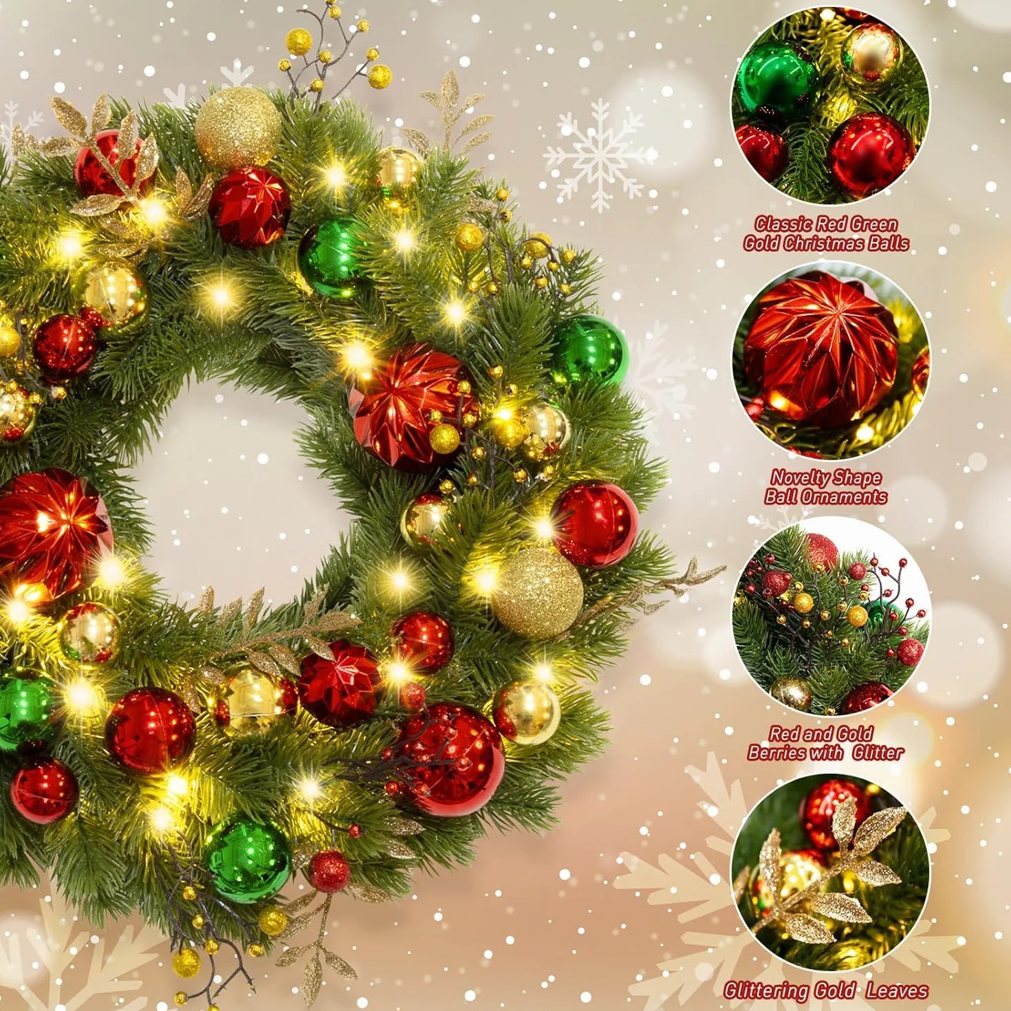 Avoalre 40CM Couronne de Noël LED Piles avec Minuterie 8 Modes Couronne de Noël Lumineuse pour Porte d'entrée Cheminée Mur Festival de Noël Décoration de la Maison