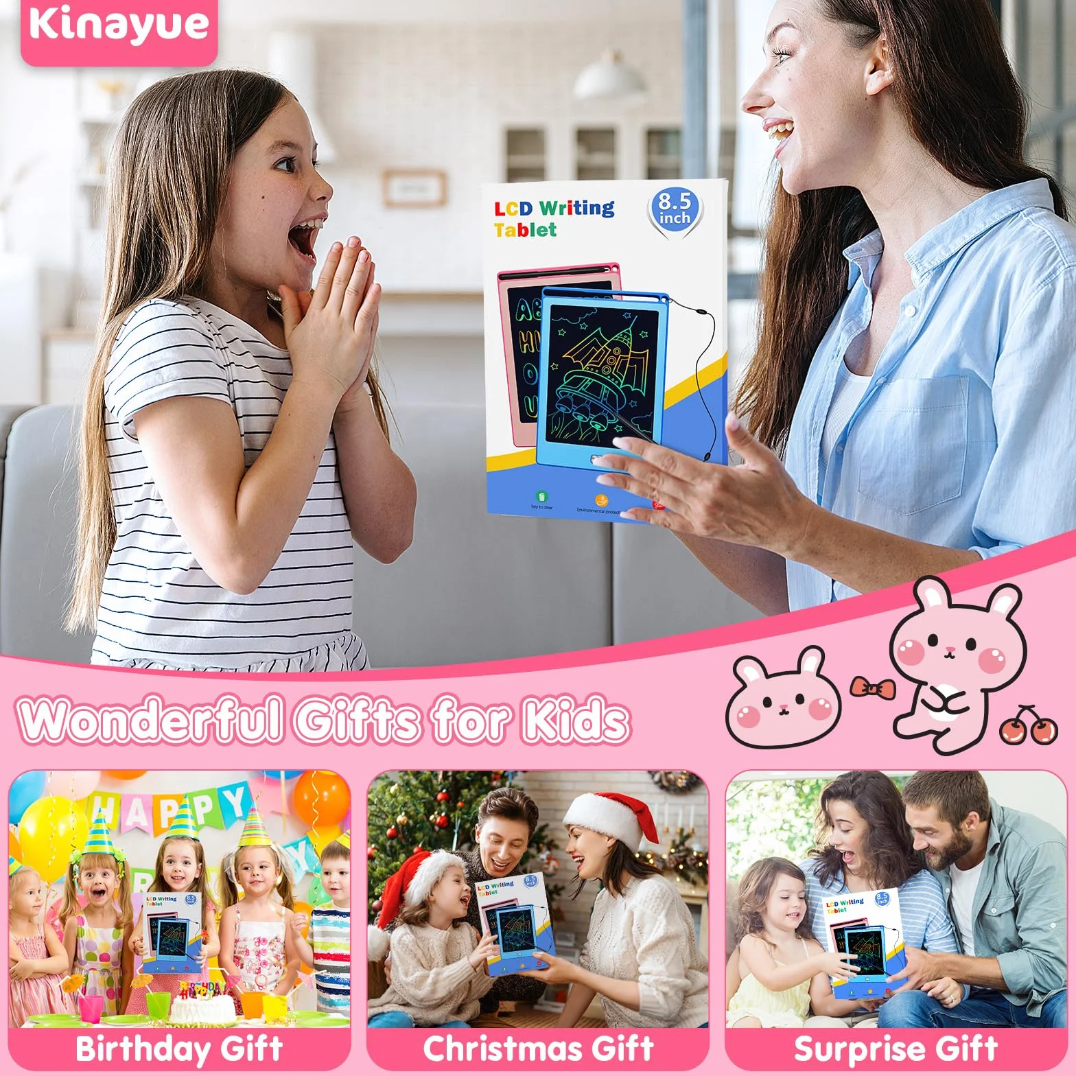 Tablette d'écriture LCD 8,5 Pouces, Ardoise Magique Réutilisable pour Enfants 3-10 ans Rose