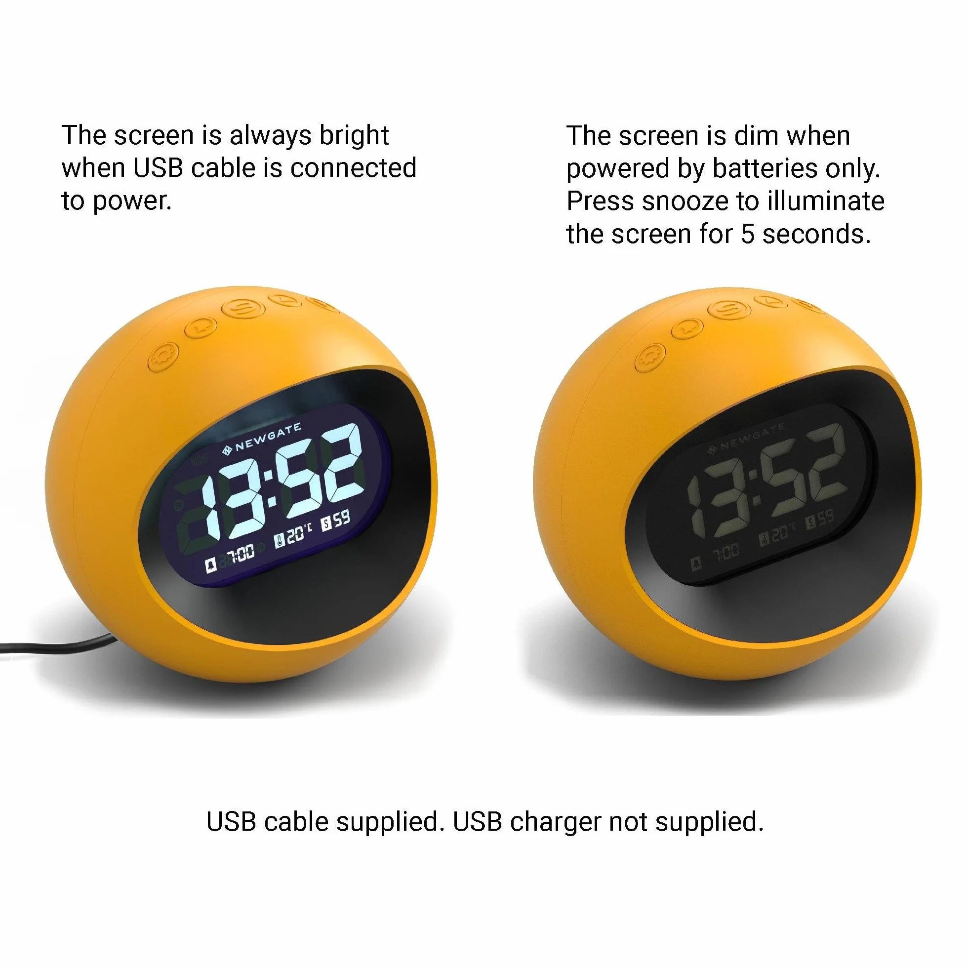 NEWGATE® Centre of The Earth réveil | Horloge LCD numérique rétro Ronde | Jaune | Idéal pour Chevet, Bureau ou étagère | Accessoire rétro pour Chambre à Coucher et Bureau