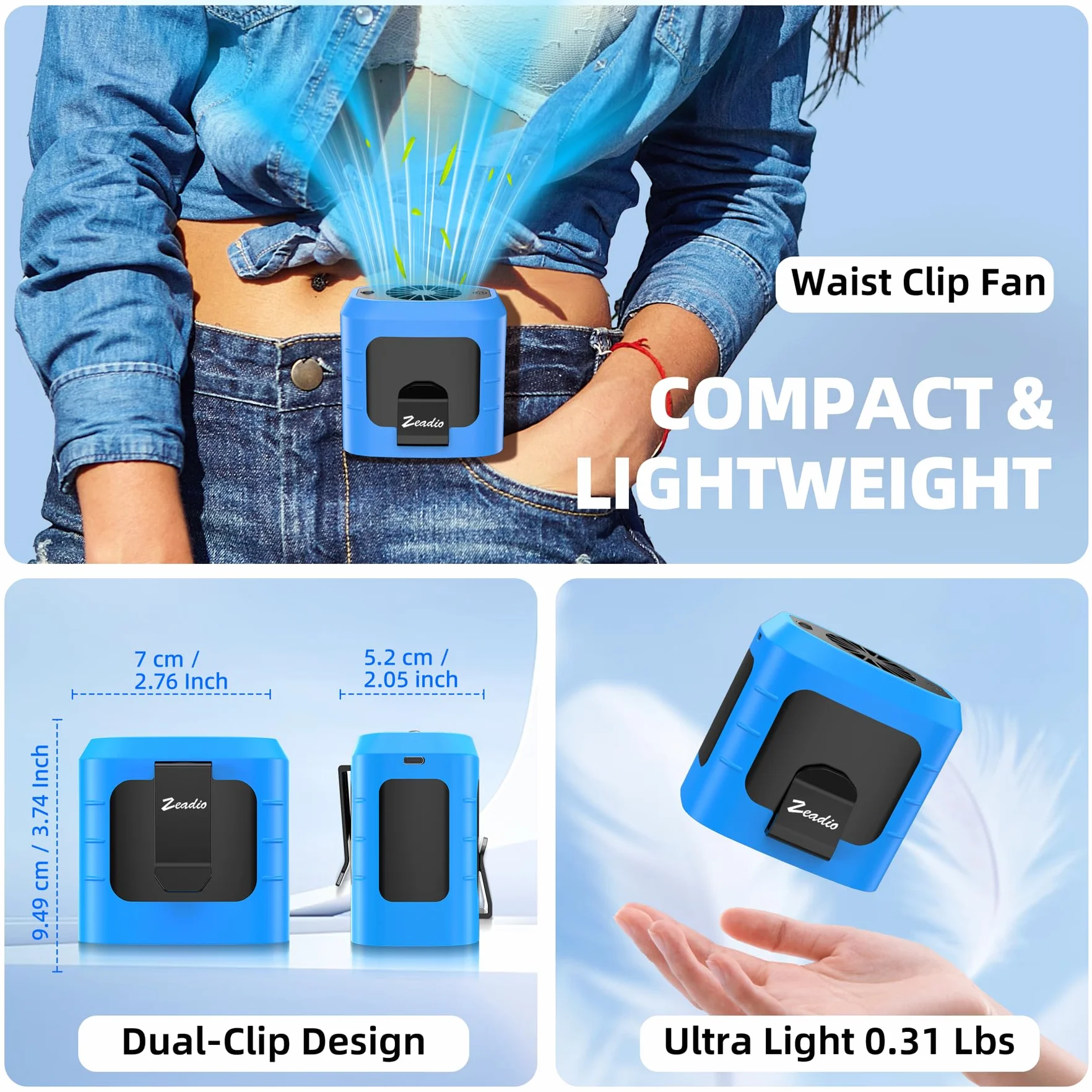 Zeadio Ventilateur Portable à Clip Ceinture, 10000 mAh, Ventilateur Mains Libres avec Lampe Torche LED&Batterie Externe, Ventilateur Rafraîchissant pour Travail en Extérieur, Pêche, Randonnée, Bleu