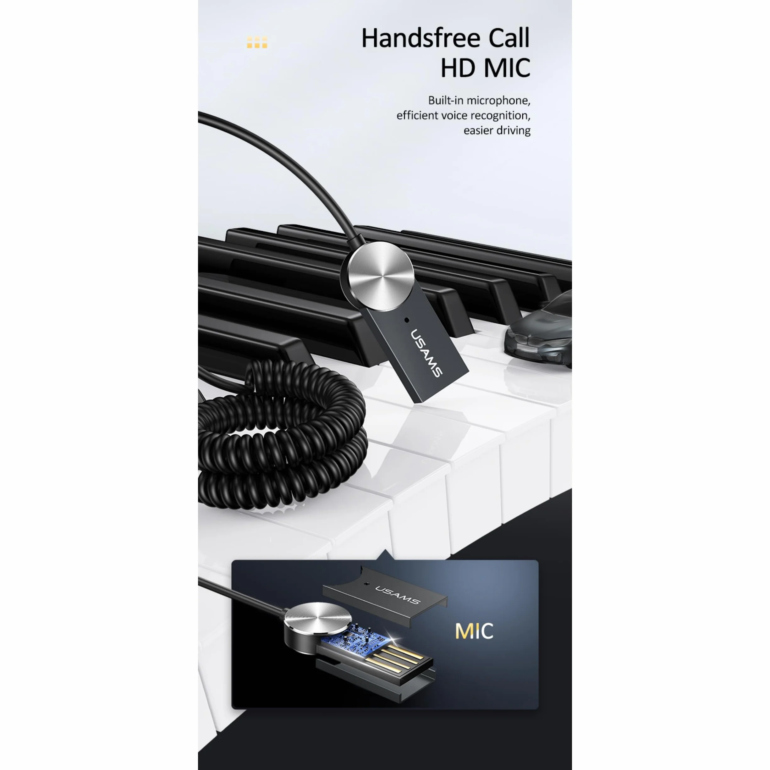 P4Y Bezprzewodowy Adapter Audio Samochodowy US-SJ464 złącze Jack 3,5 mm do gniazda AUX port USB Bluetooth 5.0 Wbudowany mikrofon Komunikaty głosowe Materiał: stop aluminium + ABS