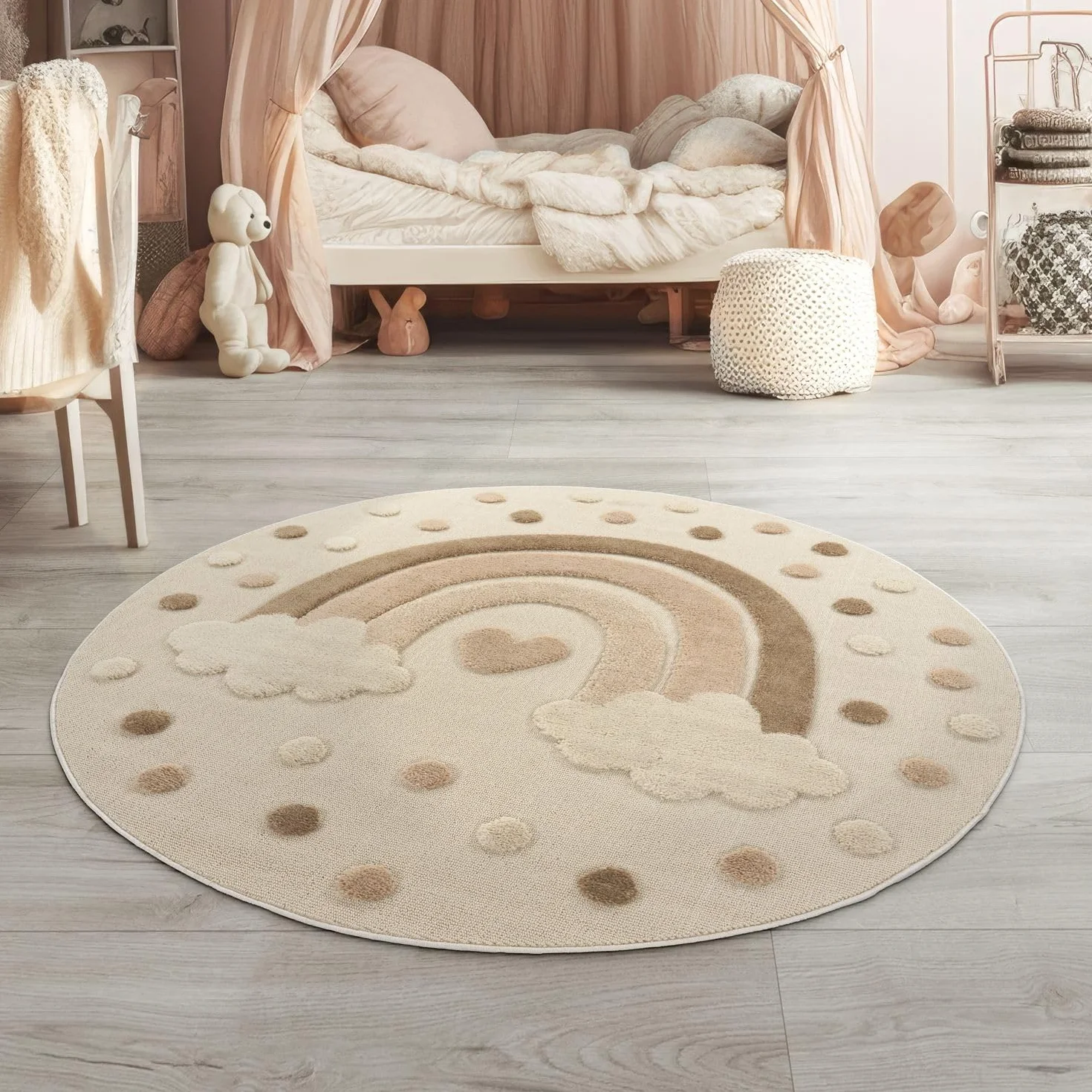 Tapis De Jeu Enfant Garcon Fille Soleil Soft 3D Modern Peluche, 120 cm Rond, Crème Foncée Sable