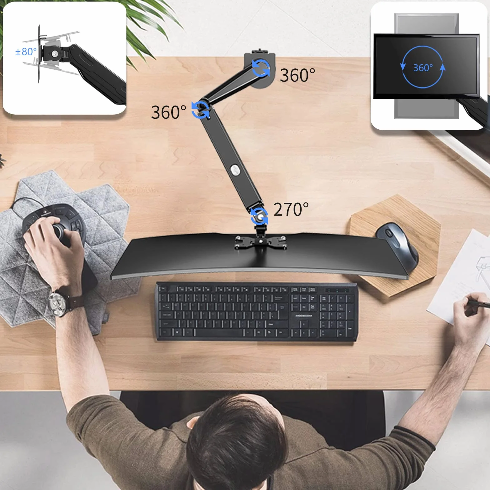 Pholiten Bras Ecran PC pour écran LCD LED 13-27", Support VESA 75x75/100x100mm, Rotatif 360°, Réglable en Hauteur
