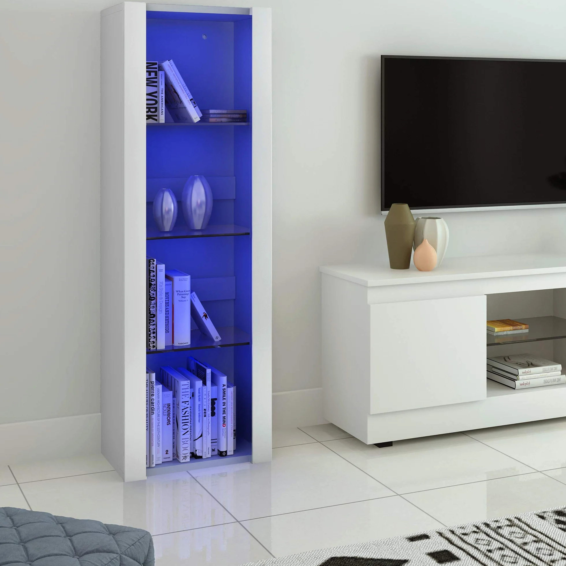 Panana Vitrine Lumières LED Meuble de Rangement avec Etagères sur Salon, Bureau, 55 x 35 x 166 cm (Blanc)