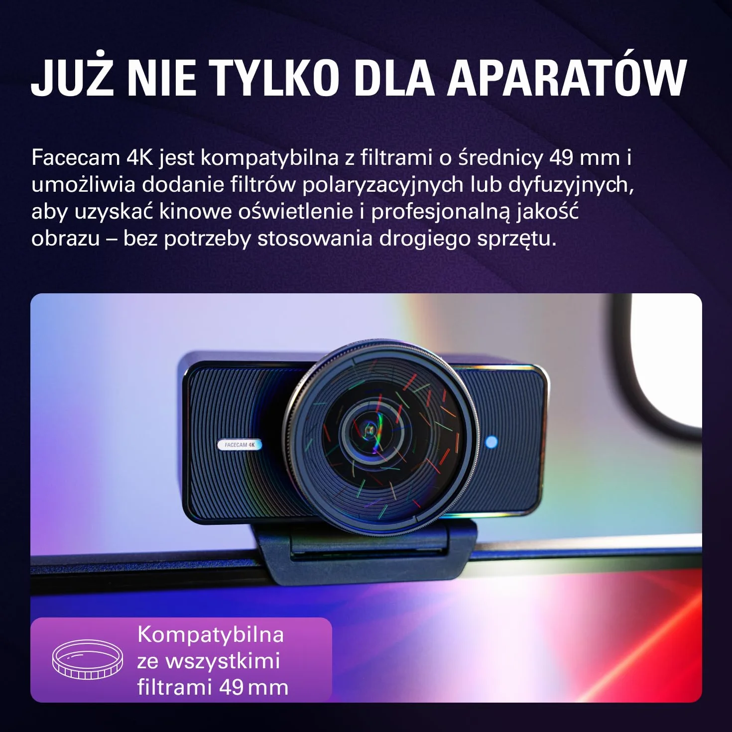 Elgato Facecam 4K - studyjna kamera internetowa 4K60, sterowanie jak DSLR, efekty filmowe, filtry obiektywowe 49 mm, HDR, nieskompresowany wideo, zoptymalizowany obszar ostrości | USB-C do PC i Mac