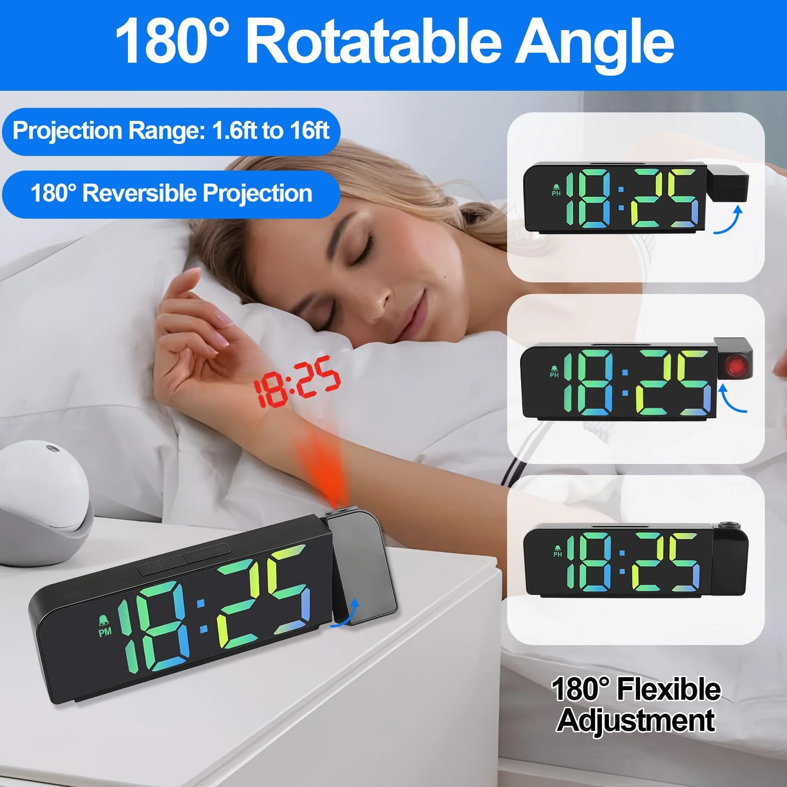 Projecteur Plafond Réveil 180° AVCE Thermomètre 7.7" Horloge Digitale LED 3 Luminosités Réglable Snooze Noir