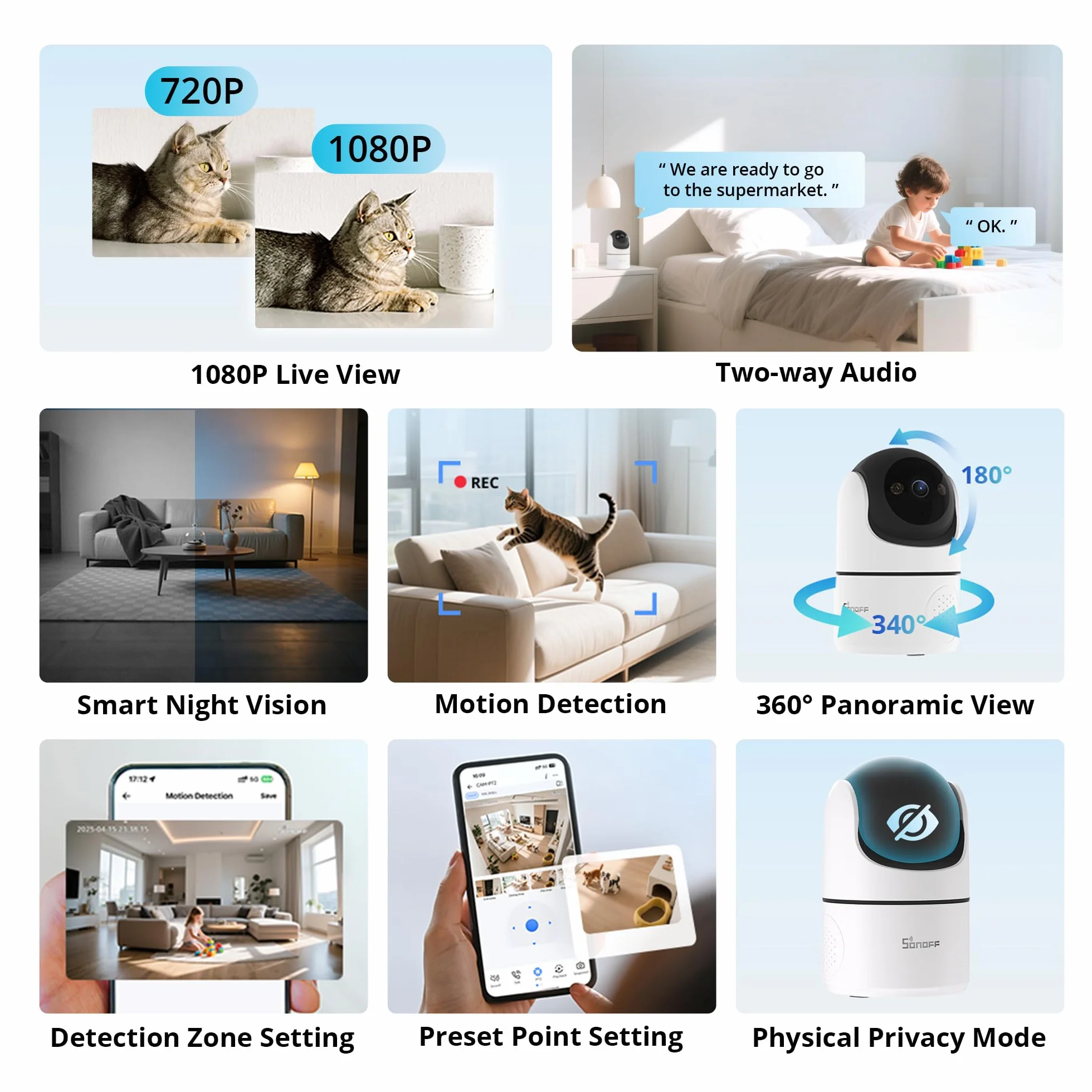 SONOFF Indoor Cam PT2, Kamera WiFi 1080P z Obrotem/Pochyleniem, Widok 360°, Śledzenie Ruchu/AI, Dwukierunkowe Audio, Tryb Nocny, Tryb Prywatności, Pamięć Cloud/SD, Kompatybilna z Alexa i Google Home