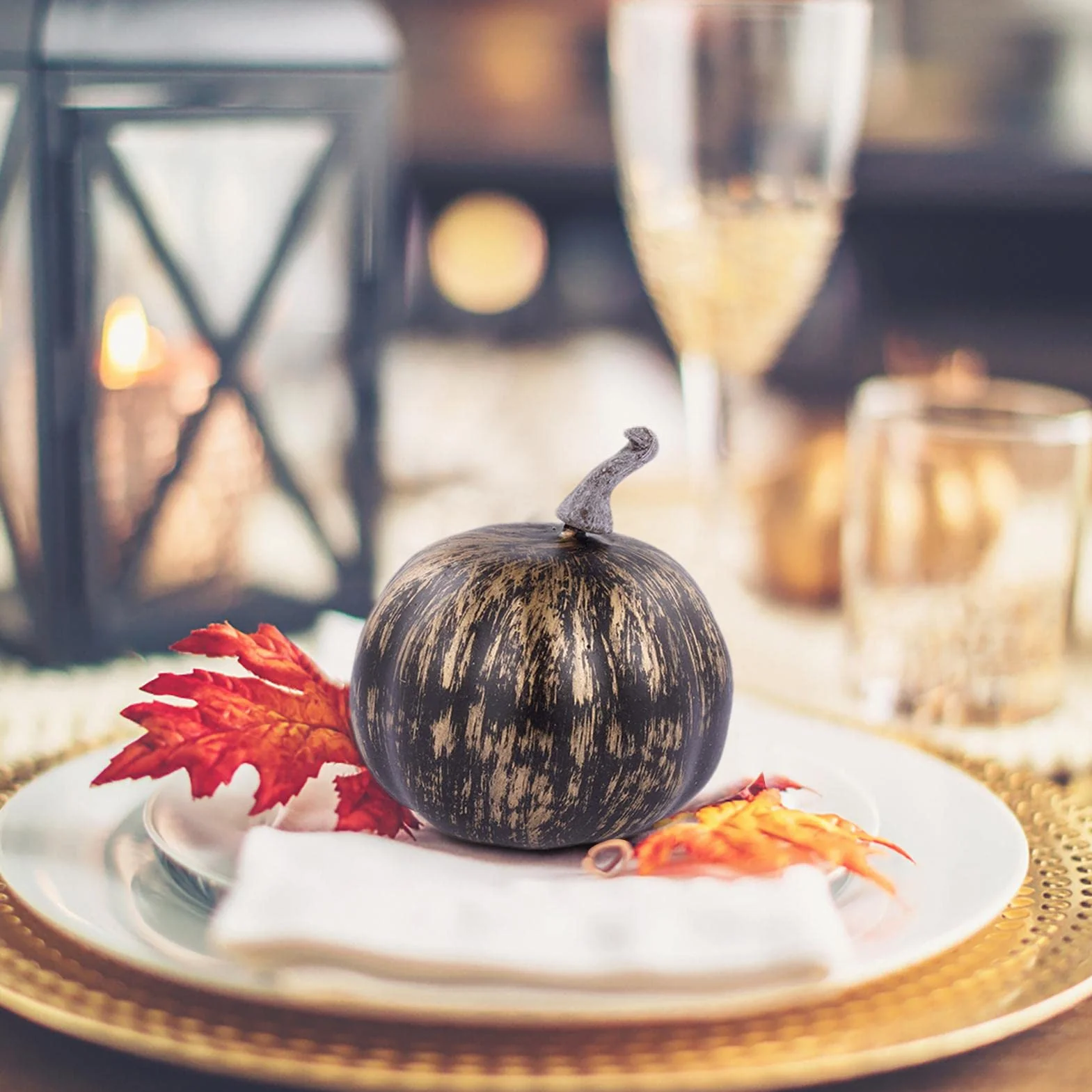 7 Citrouilles Artificielles Or-Noir, Décoration Halloween Automne Mariage